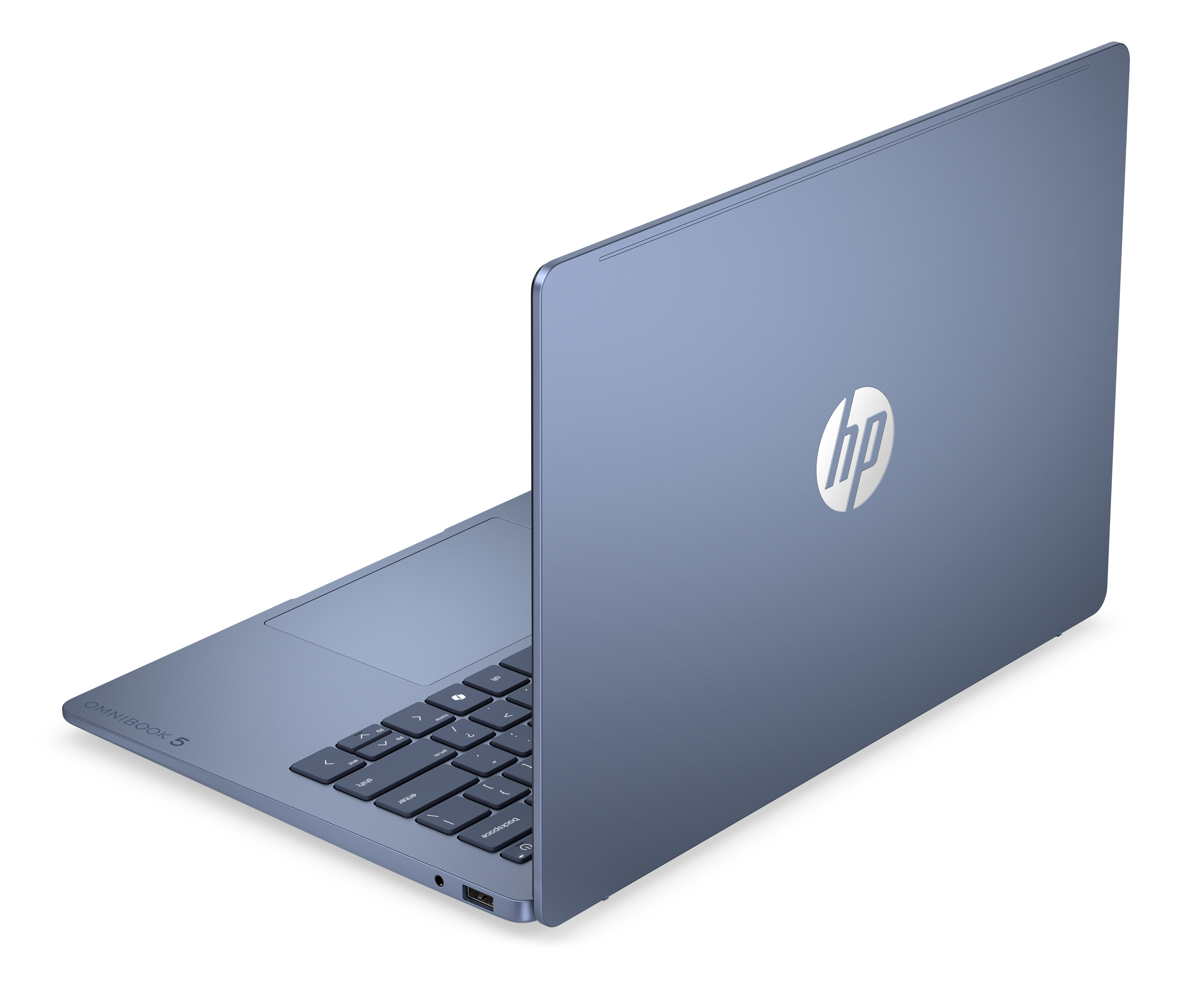 Niebieski laptop HP OMNIBOOK 5 jest otwarty, widać klawiaturę i logo HP na pokrywie.