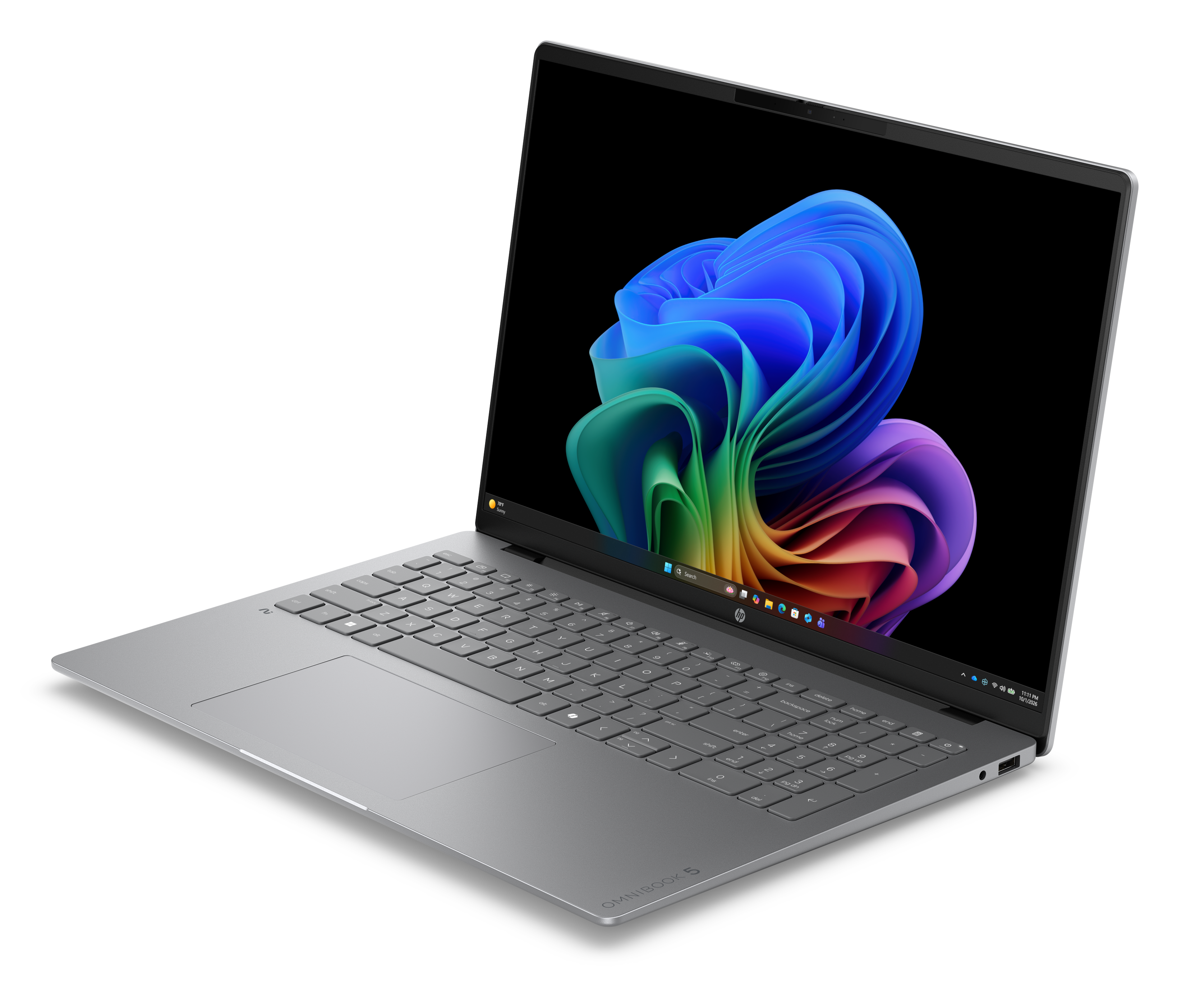Srebrny laptop z kolorową tapetą i klawiaturą.