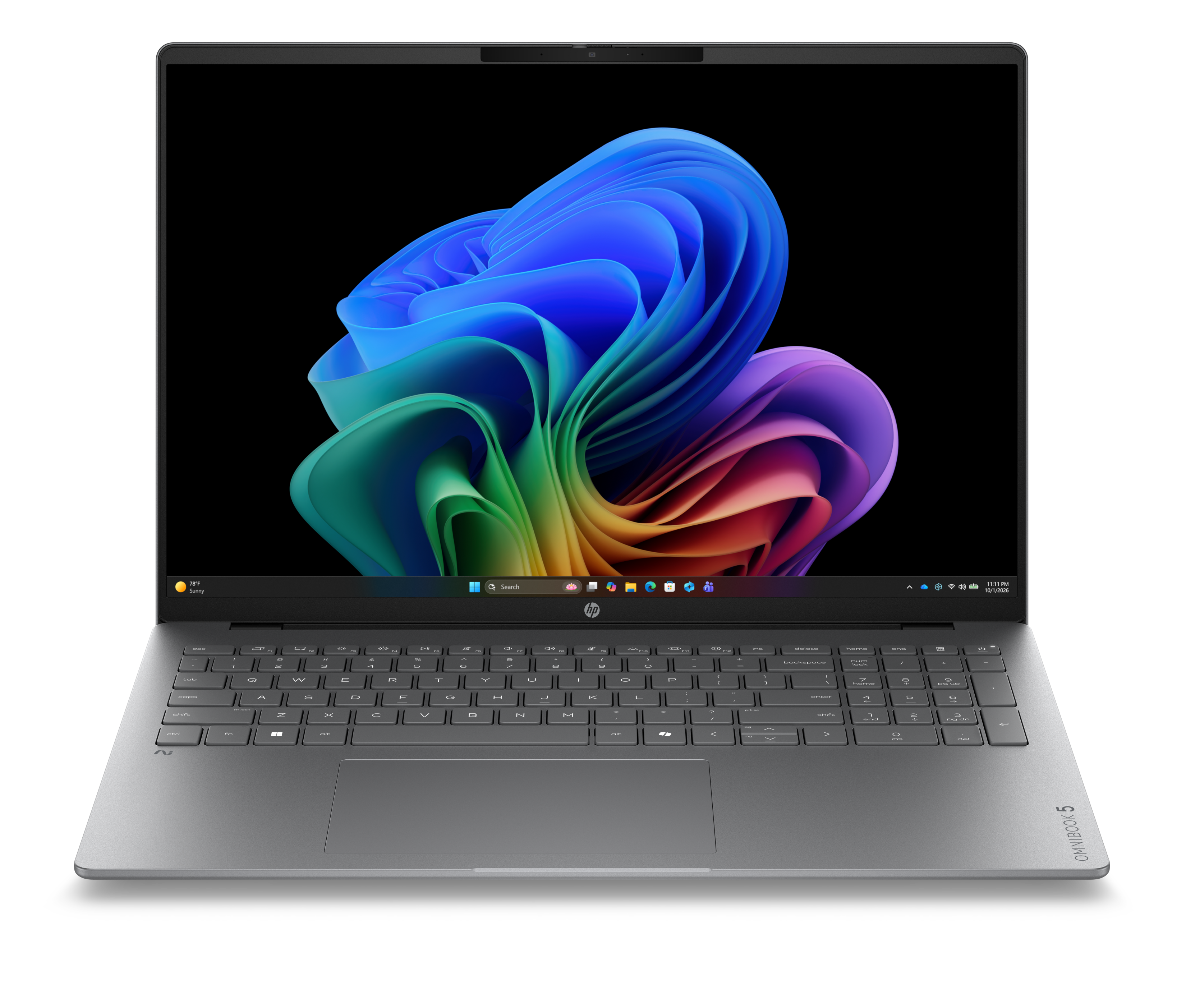 Otwarty laptop wyświetla kolorową tapetę na ekranie.