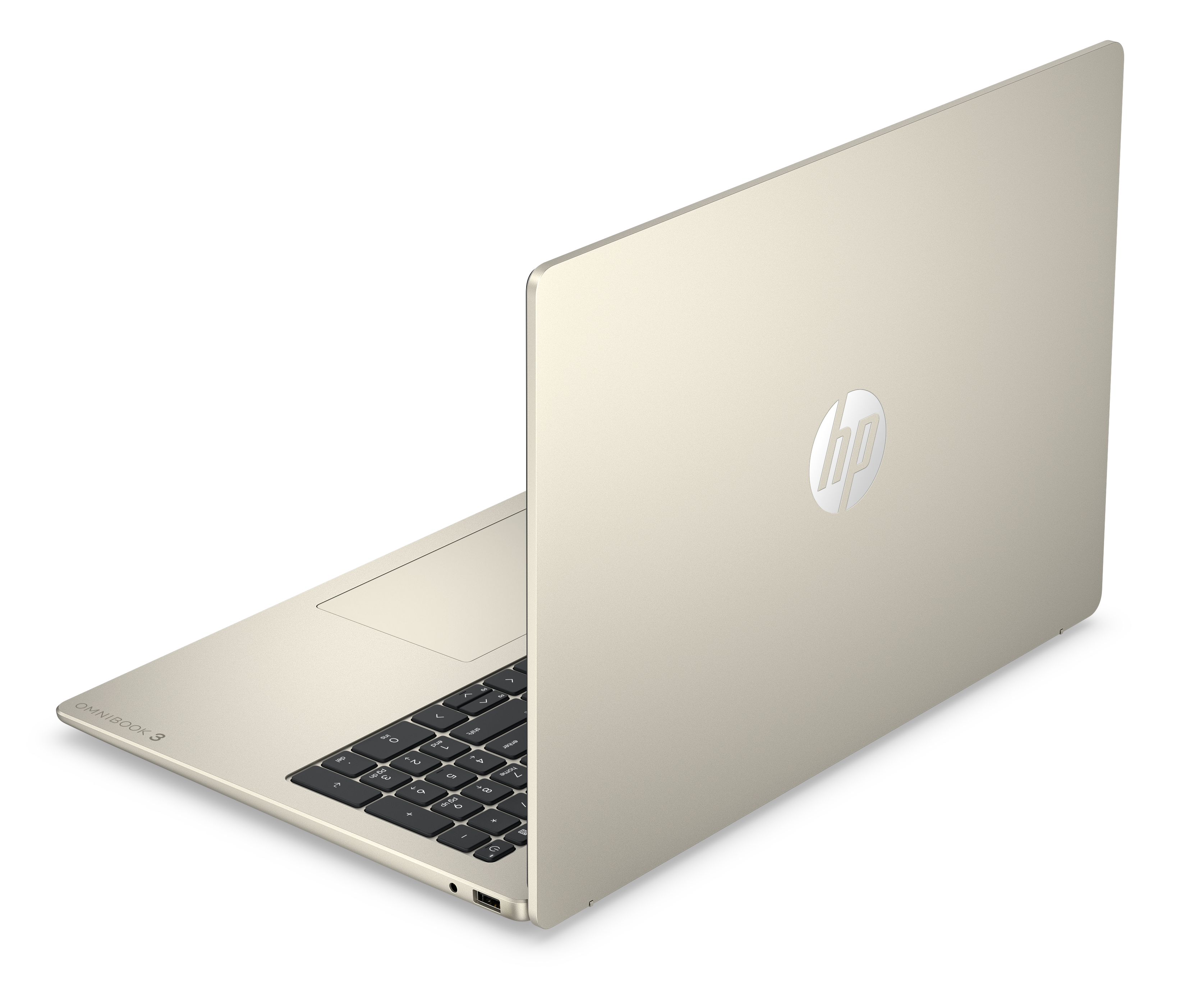 Jasnobrązowy laptop HP Omnibook 3 z klawiaturą i touchpadem.
