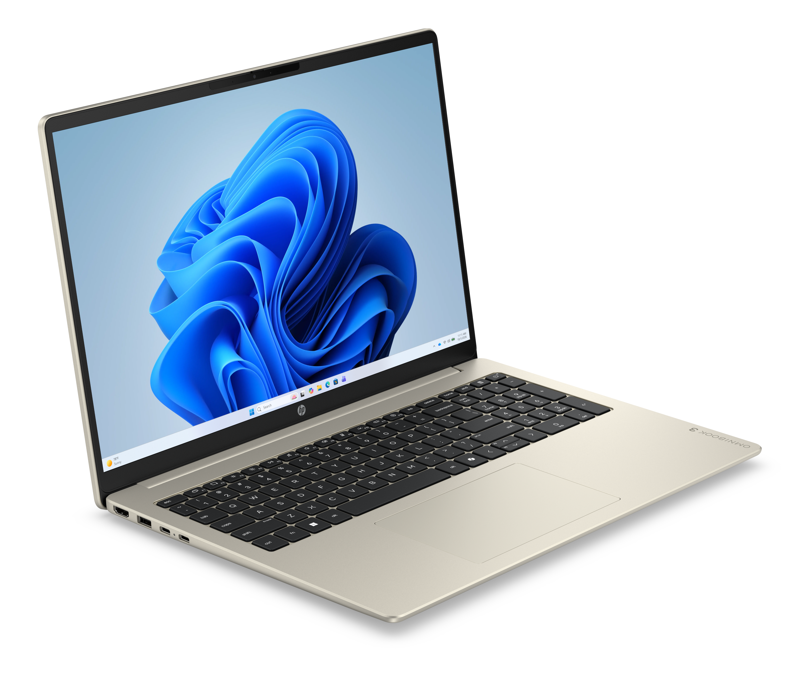 Jasnozłoty laptop HP Omnibook 3 z otwartym ekranem, wyświetlającym logo Windows 11.