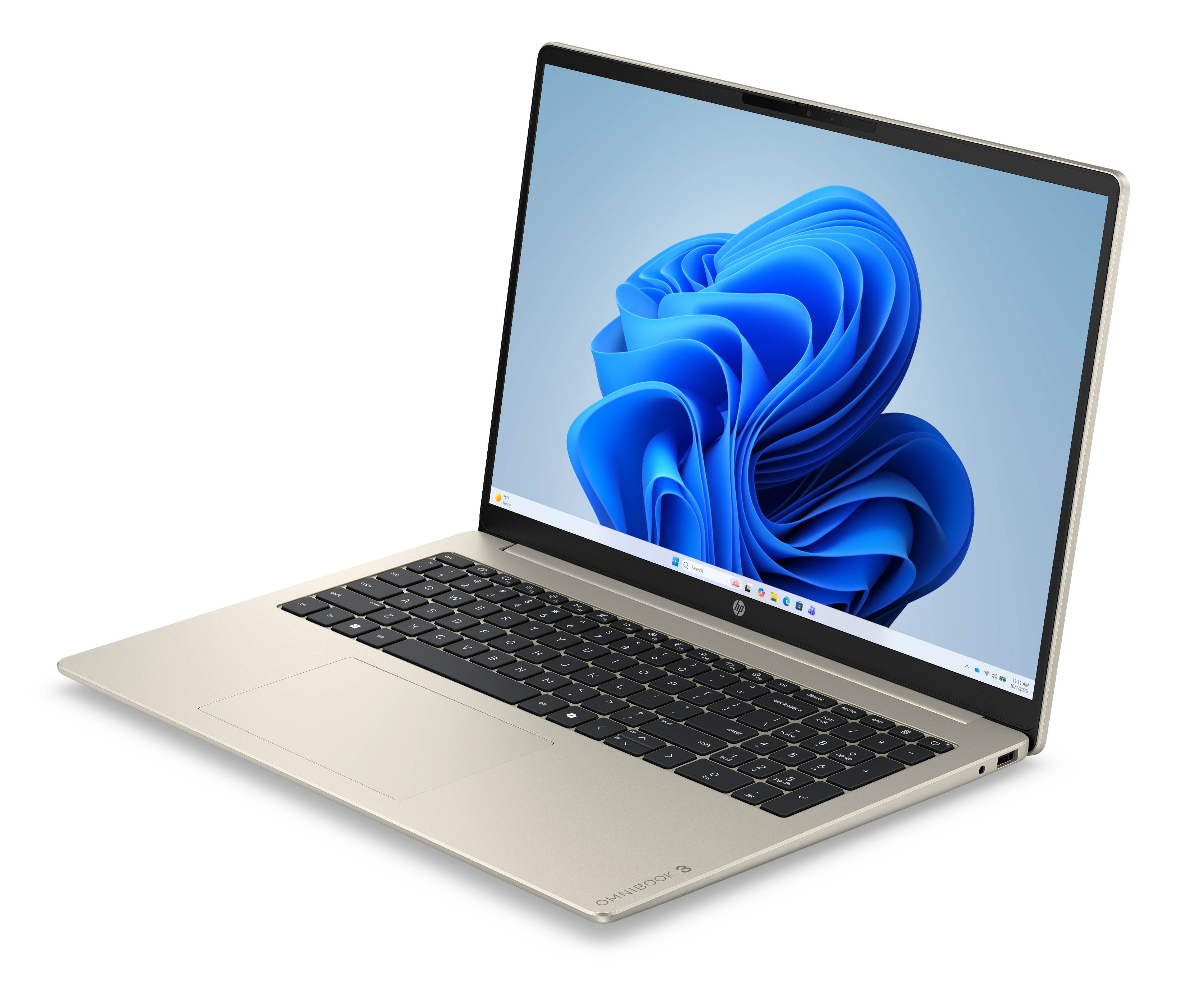 Złoty laptop HP z systemem Windows 11, klawiaturą i niebieską tapetą.