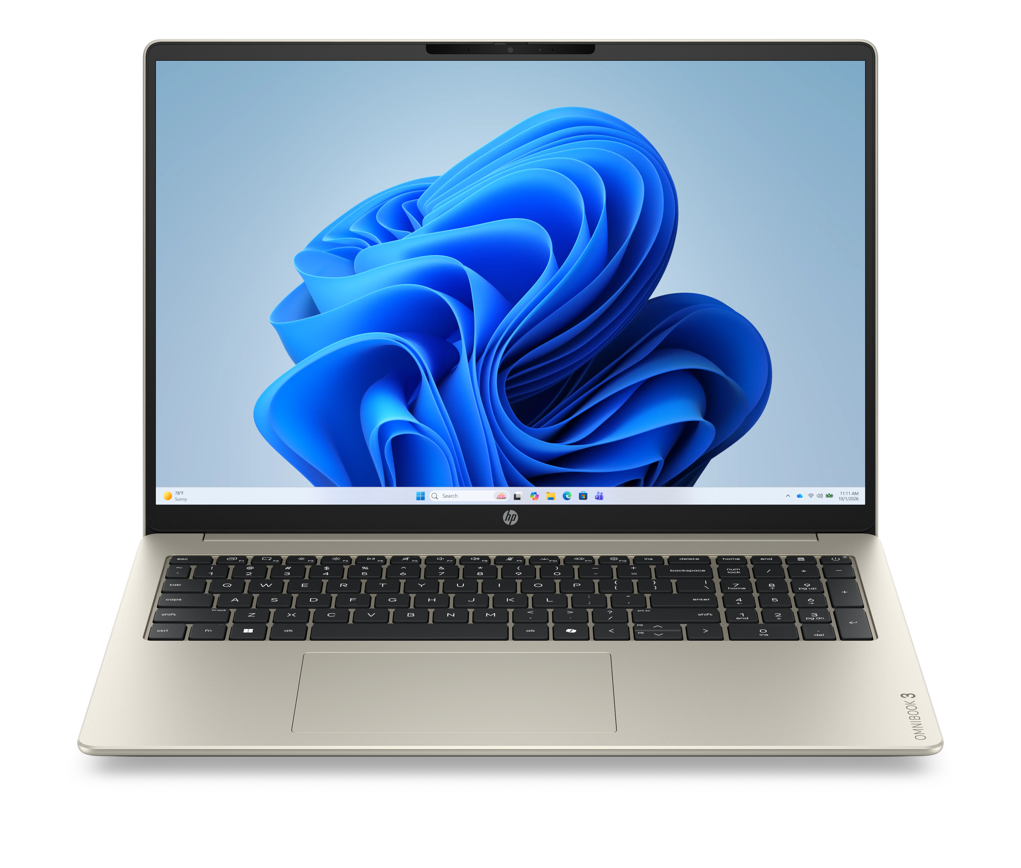 Jasnobrązowy laptop HP Omnibook 3 z niebieską falistą tapetą jest otwarty i wyśrodkowany.