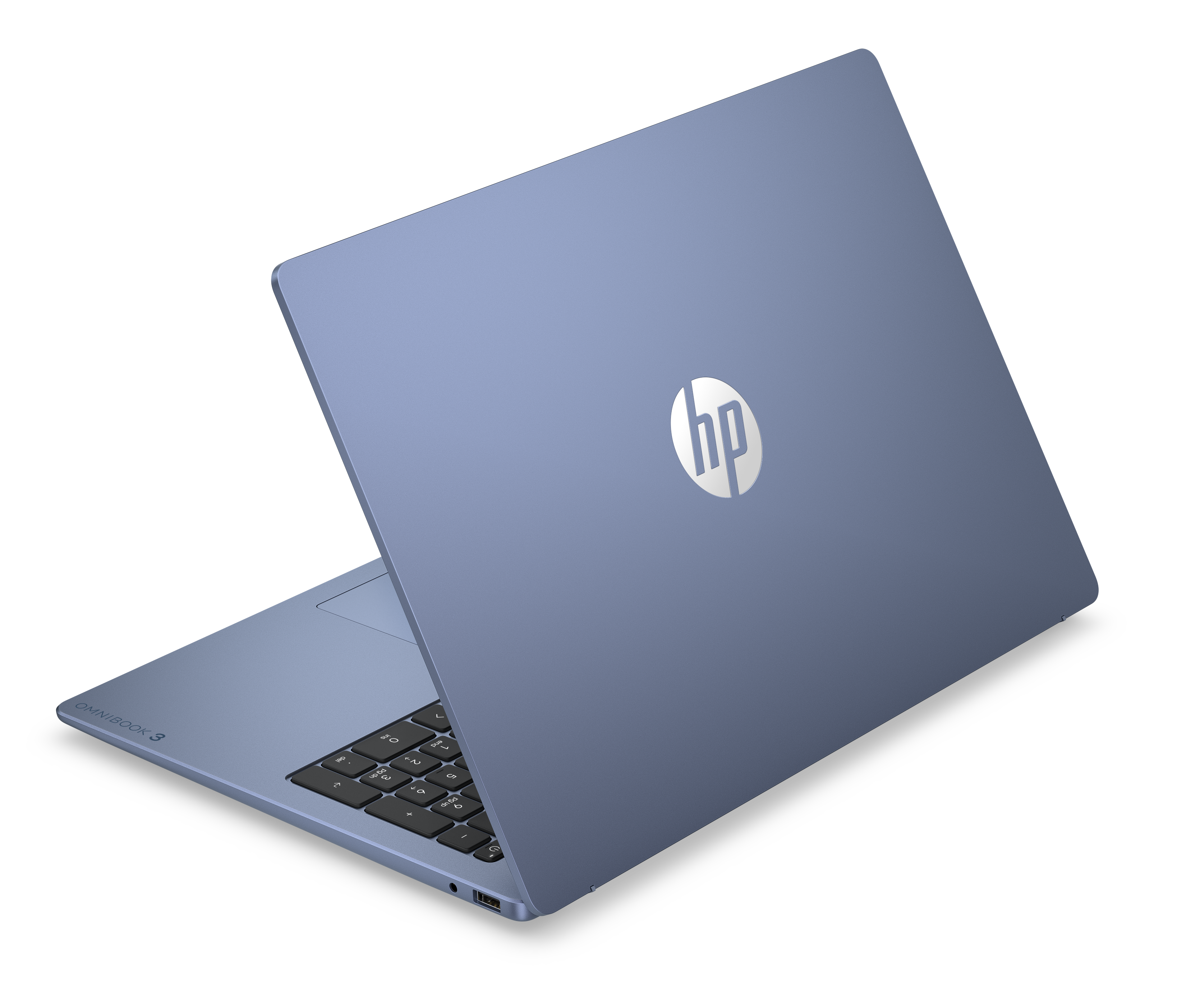 Jasnoniebieski laptop HP Omnibook 3 ze świecącym logo HP.