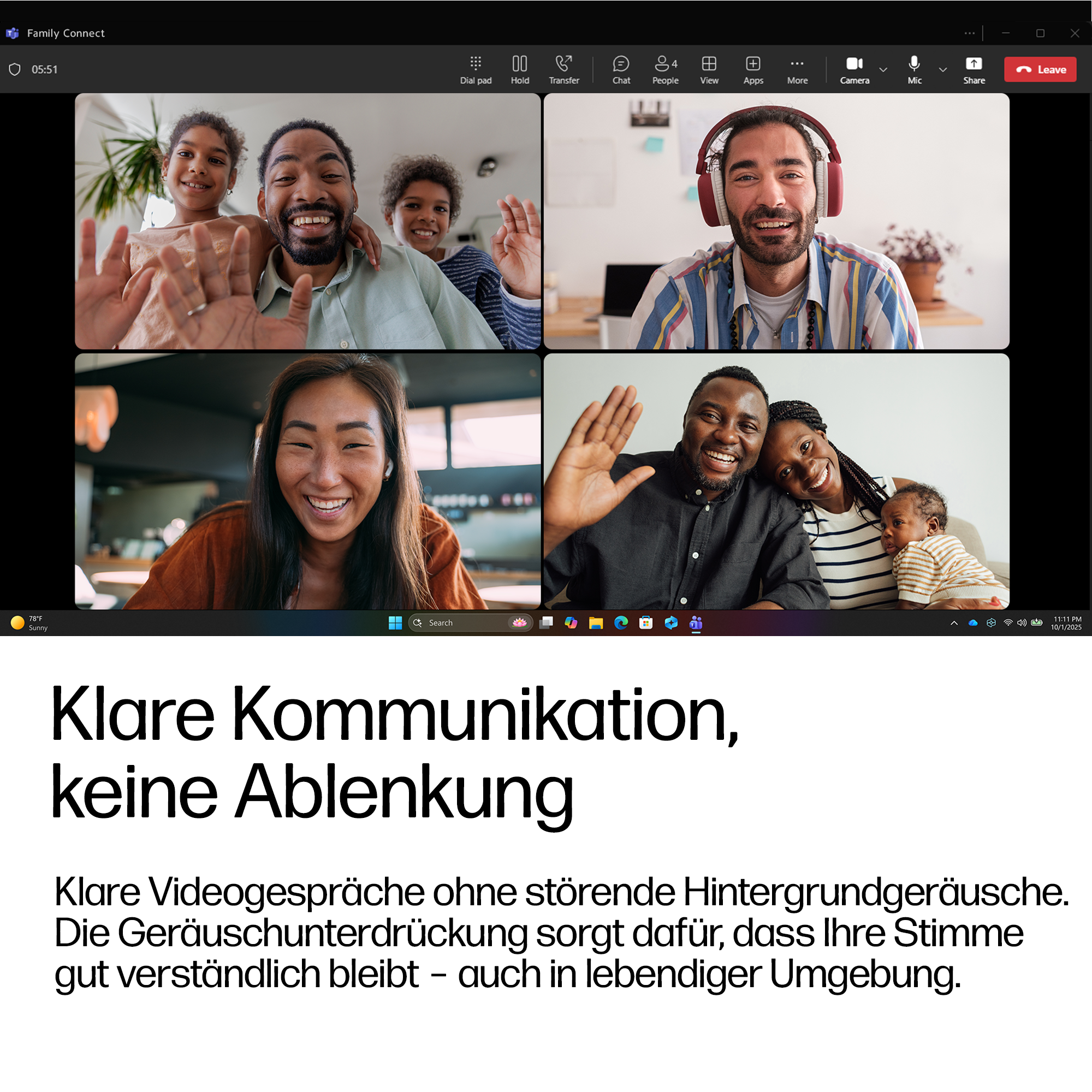 Vier Personen in Videoanrufen: Familie und Mann mit Kopfhörern.