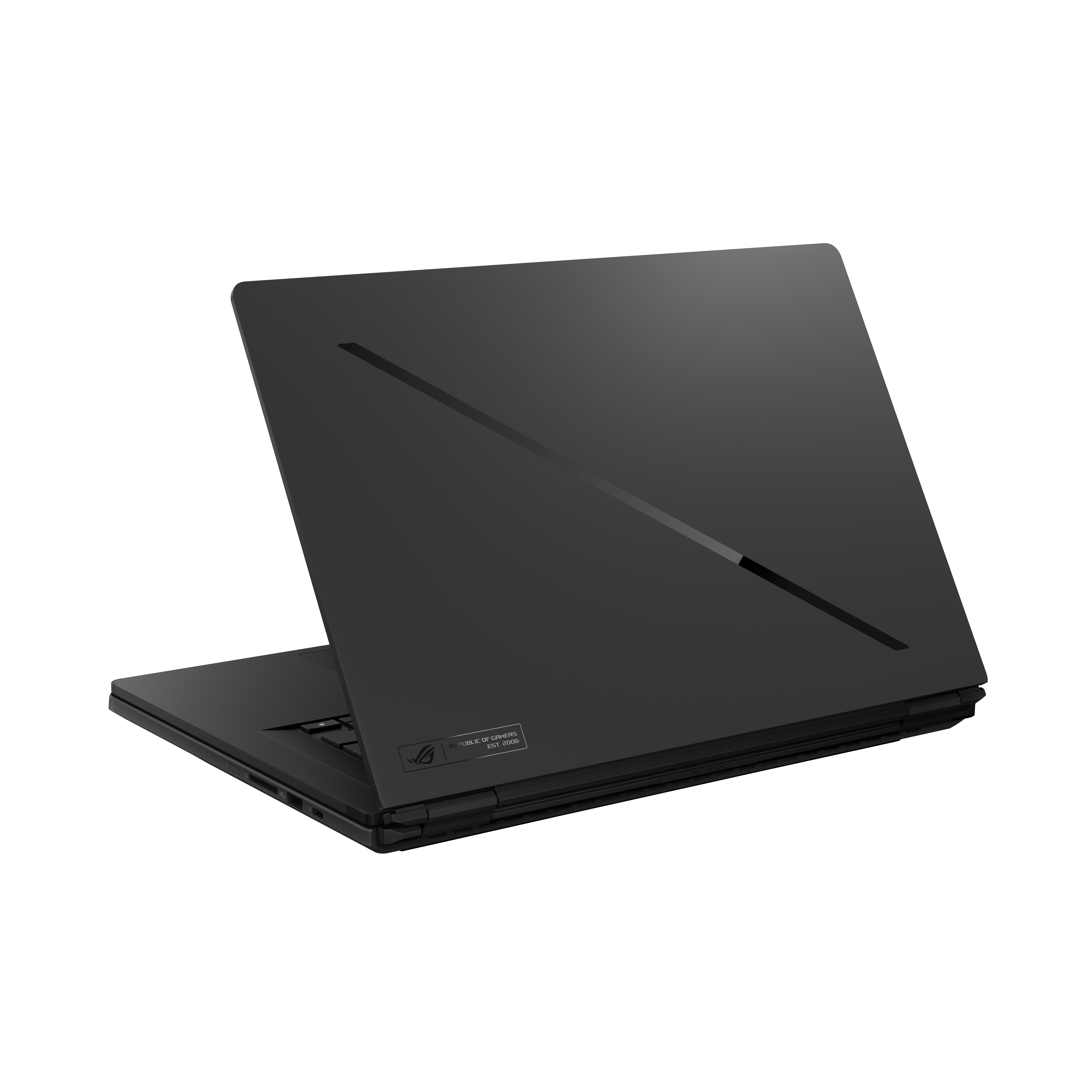 Schwarzer Laptop mit ROG-Logo und "Republic of Gamers Est. 2006"-Aufschrift.