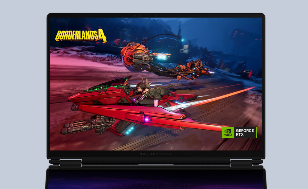 Laptop zeigt Borderlands 4: rotes Fahrzeug mit Pilotin, orangefarbenes Objekt fliegt.