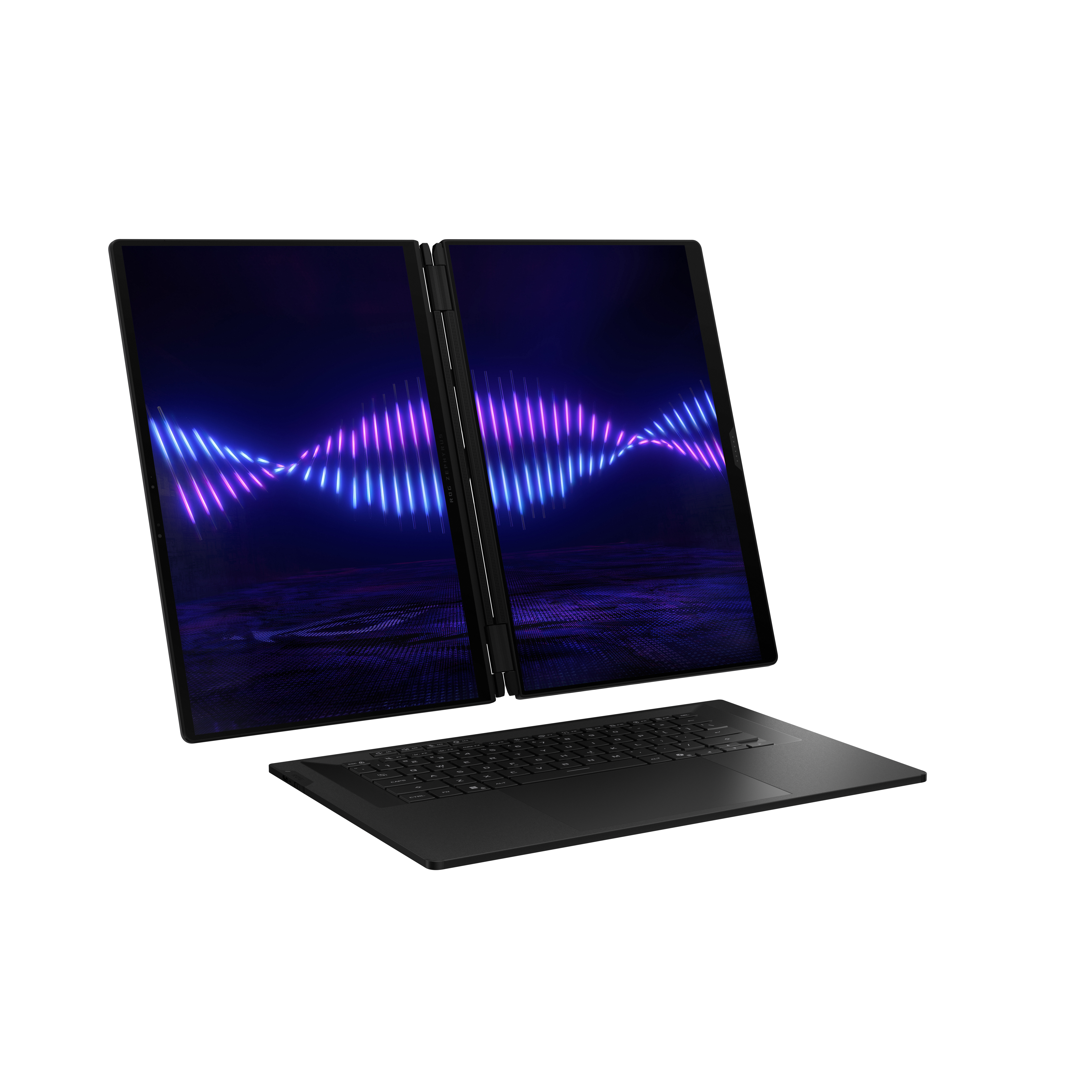 Ein schwarzer Laptop mit zwei Bildschirmen, die ein Wellenmuster zeigen.