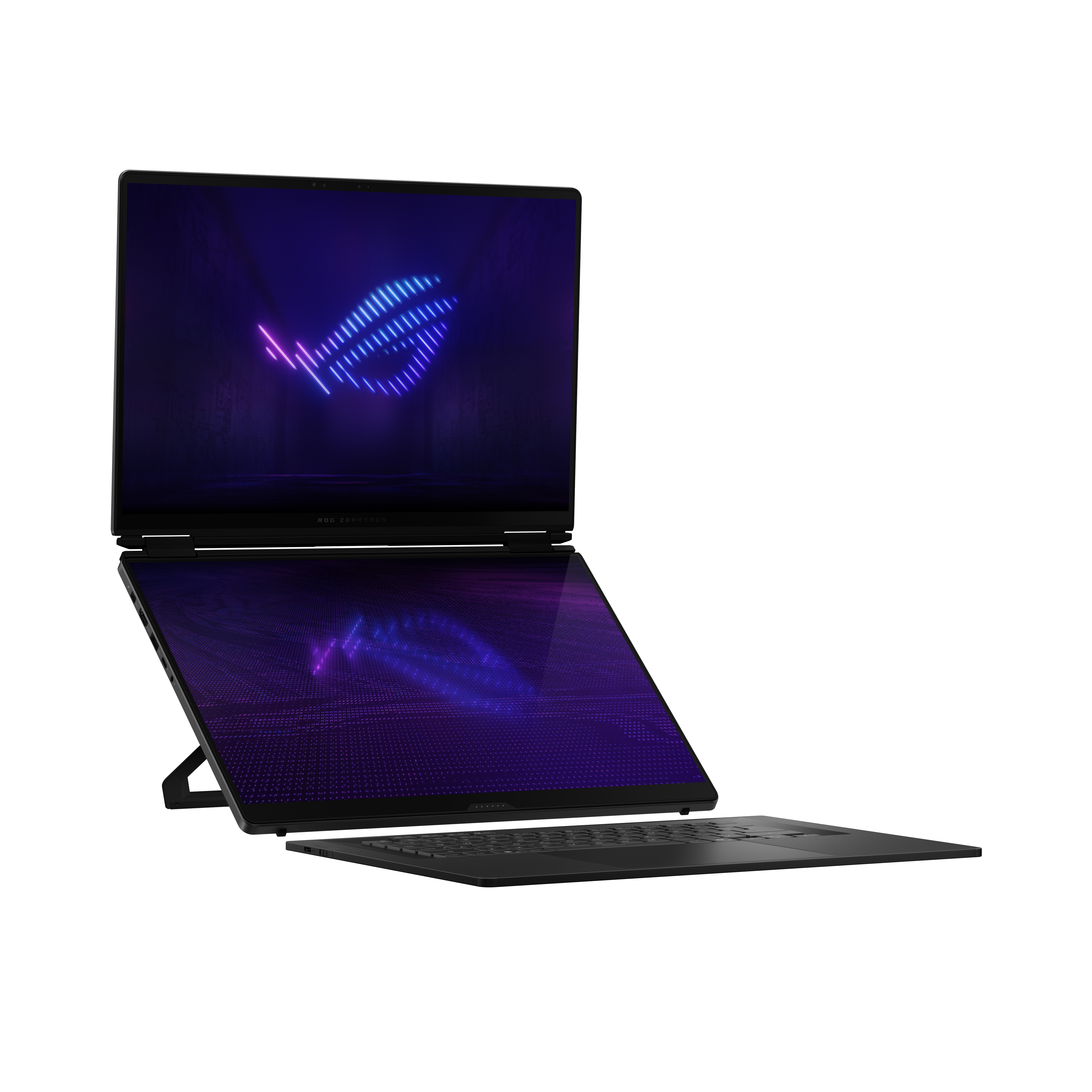 Schwarzer Laptop mit zwei Bildschirmen, die blau-violette Grafiken zeigen.