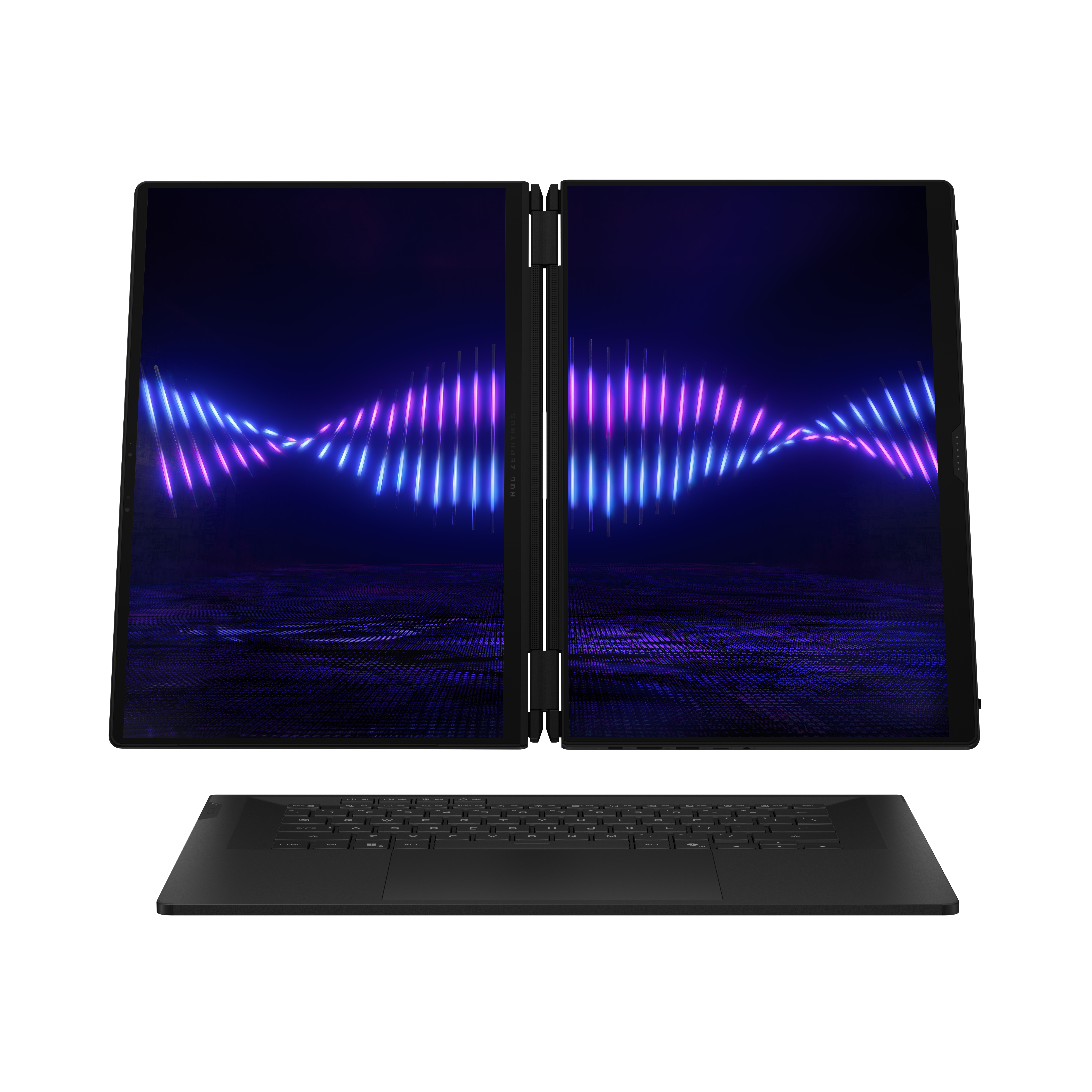 Ein schwarzer Laptop mit zwei nebeneinanderliegenden Bildschirmen, die ein DNA-ähnliches Muster zeigen.