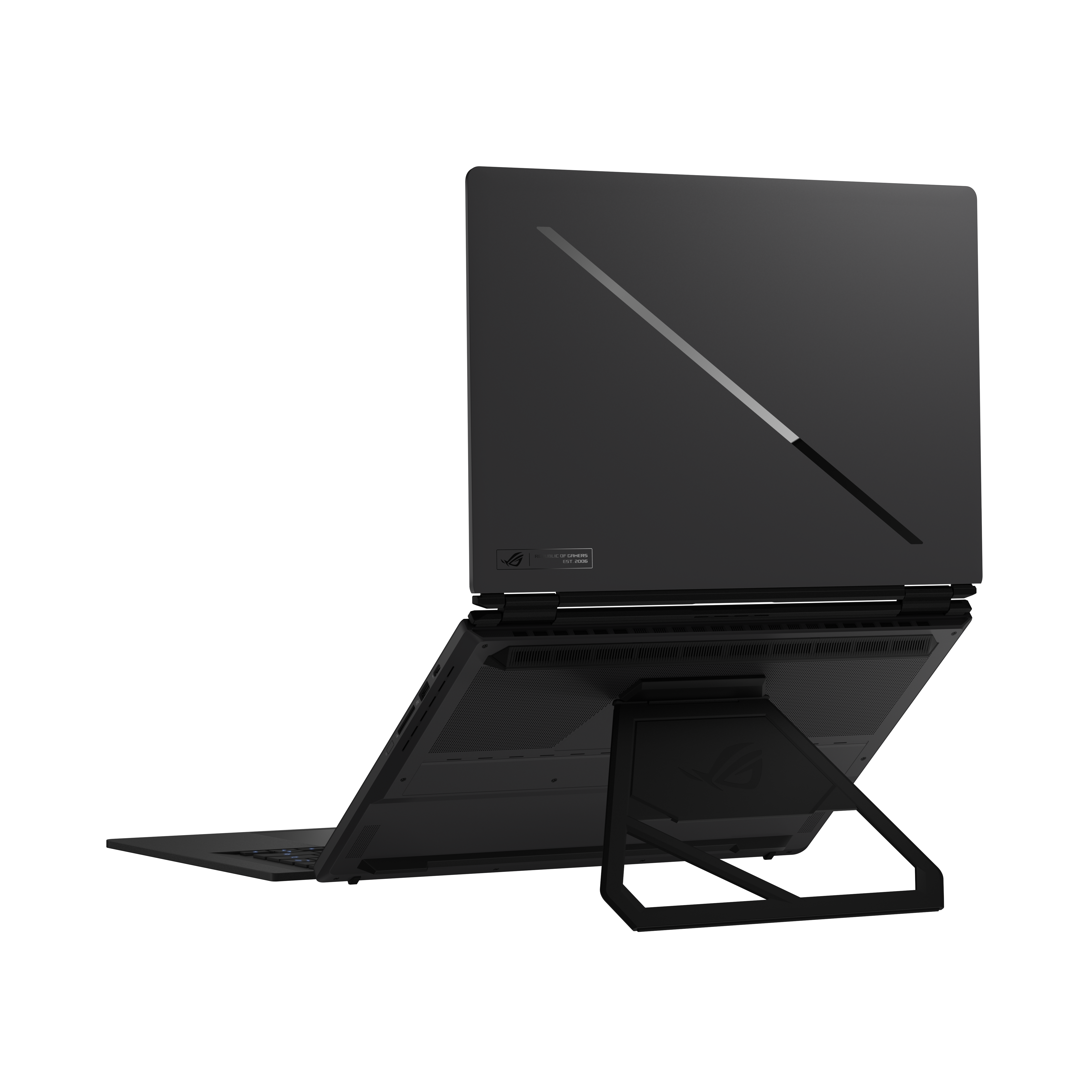 Ein dunkler Laptop mit aufgestelltem Bildschirm und Ständer.