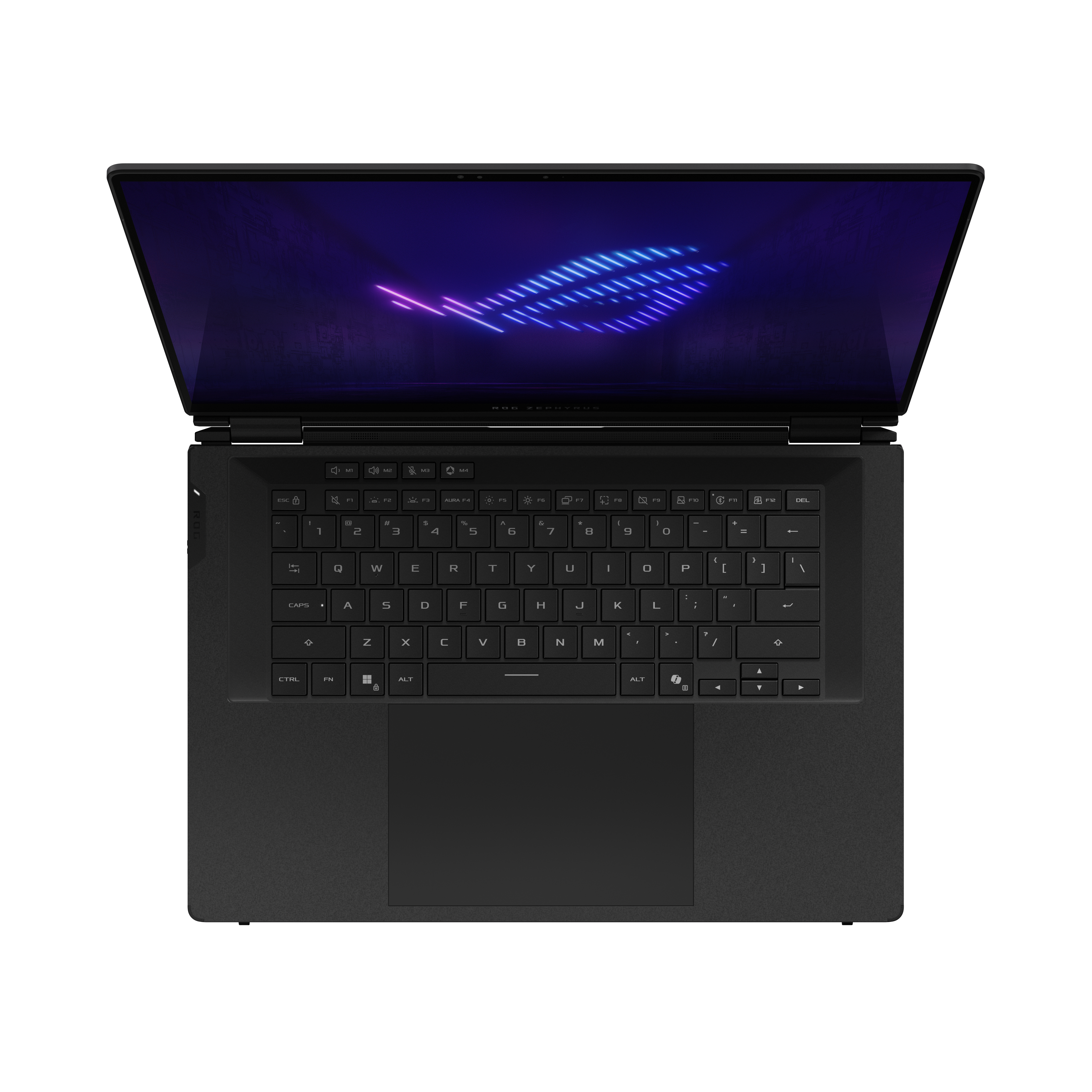 Schwarzer Laptop mit geöffnetem Bildschirm und Tastatur.