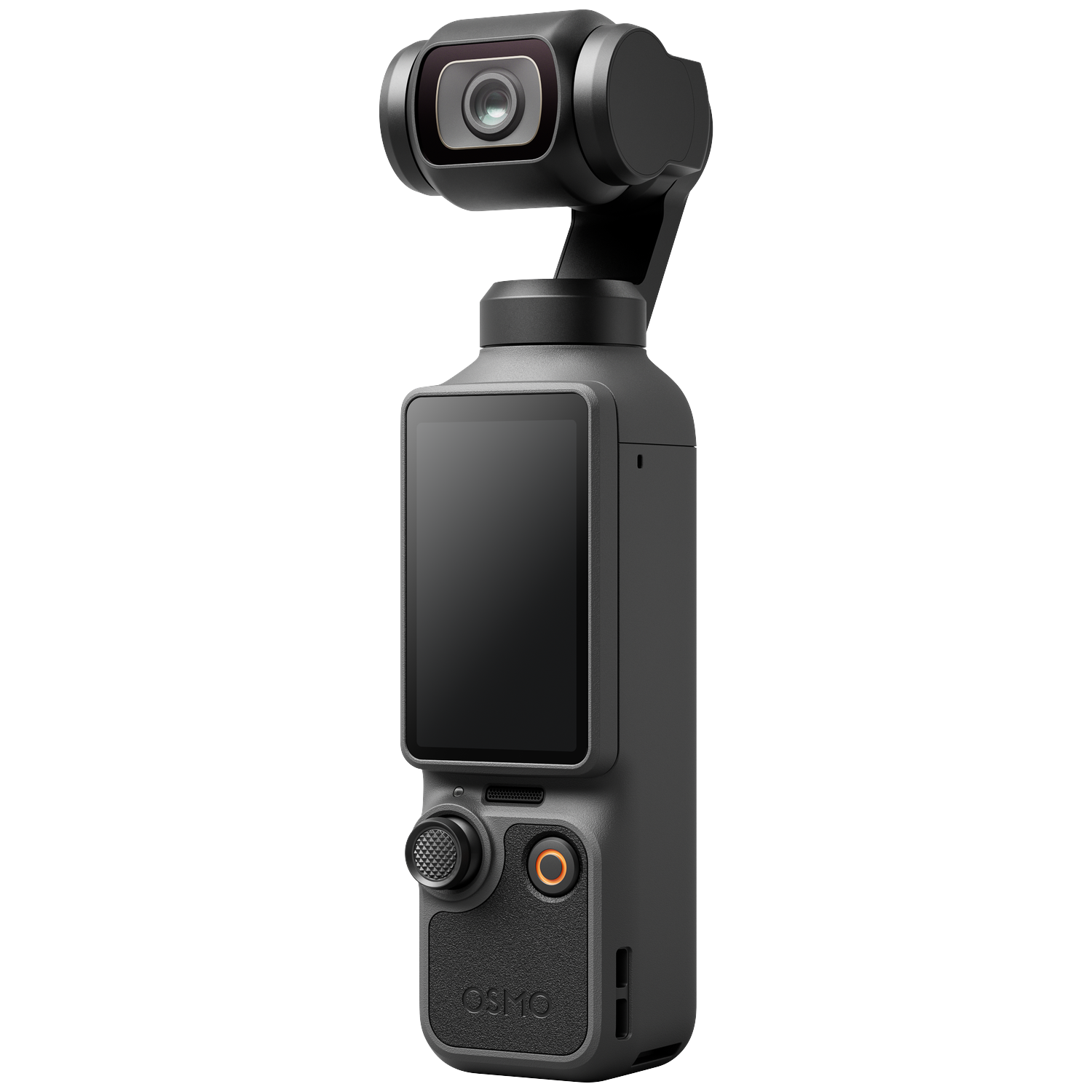 Gray gimbal stabilizer with camera and touchscreen, viewed from the side.
