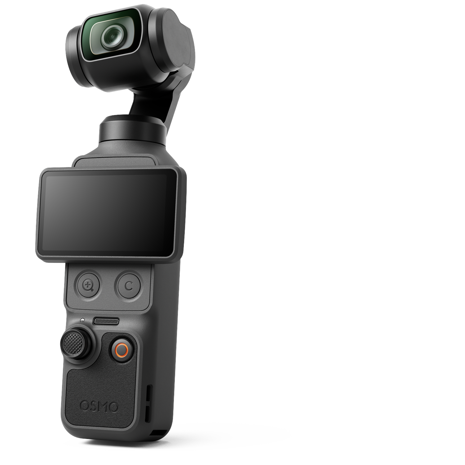 A gray gimbal stabilizer with a camera and touch screen.