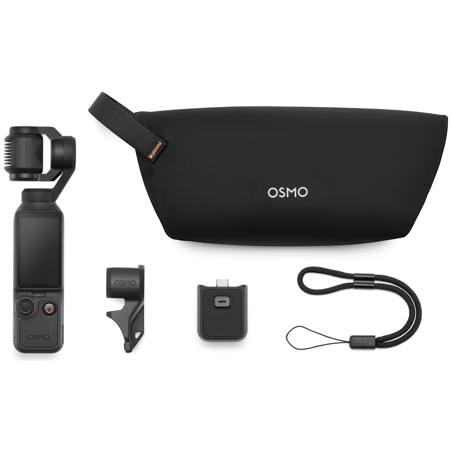 Osmo camera, case, mount, adapter, and wrist strap arranged on white background.