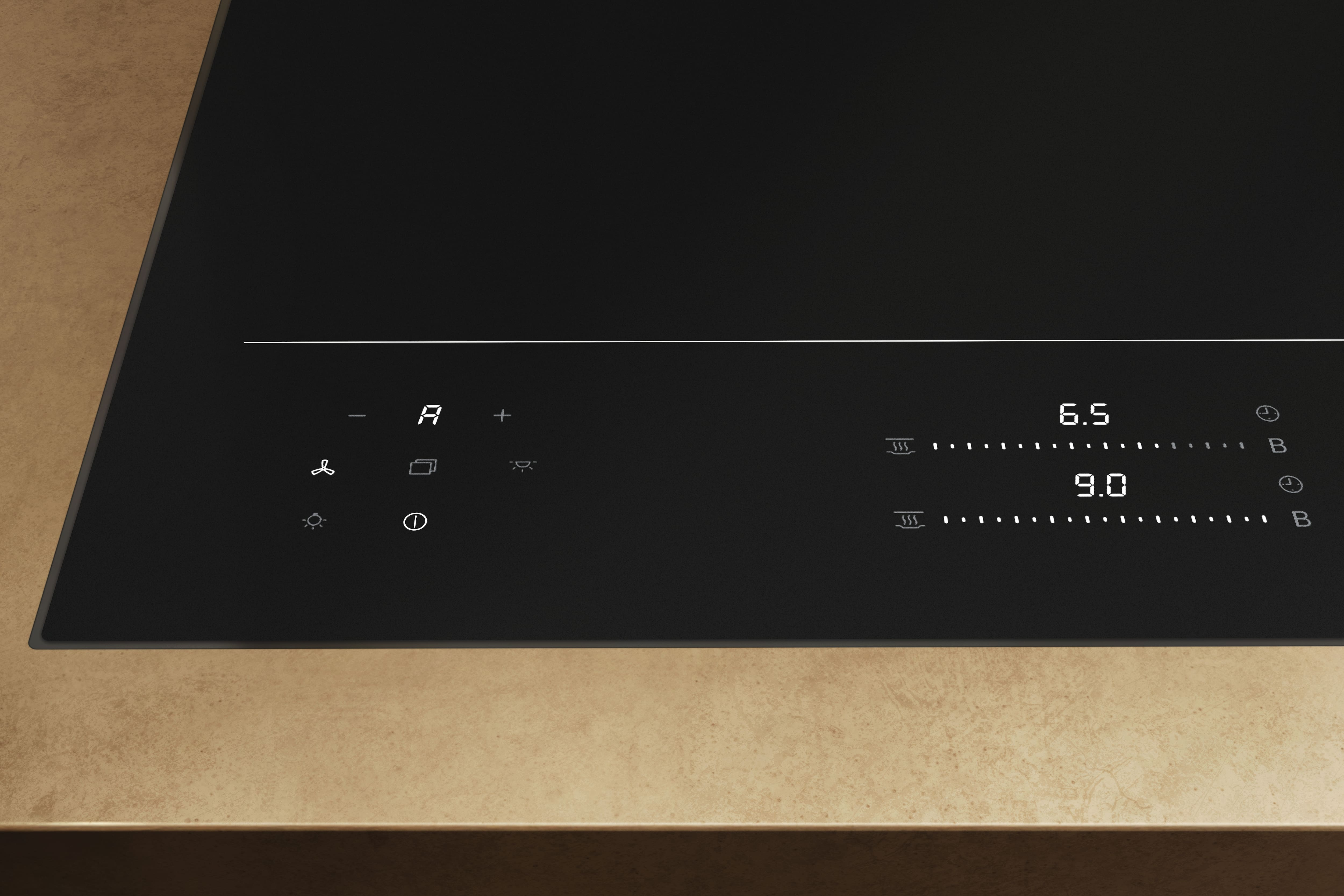Eine schwarze Kochfläche mit digitalen Anzeigen für 6,5 und 9,0.