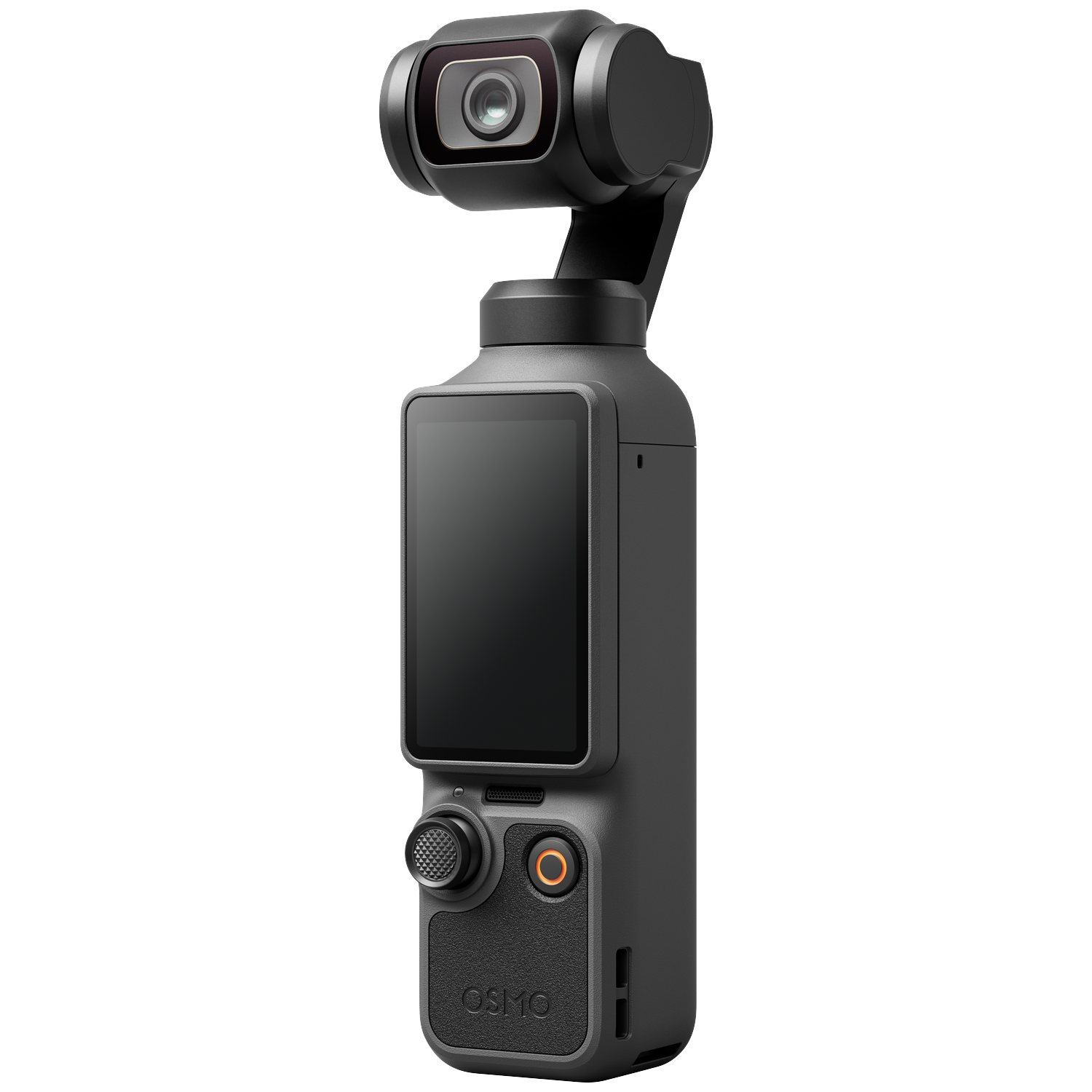 Grijze handheld gimbal stabilizer met touchscreen en camera.
