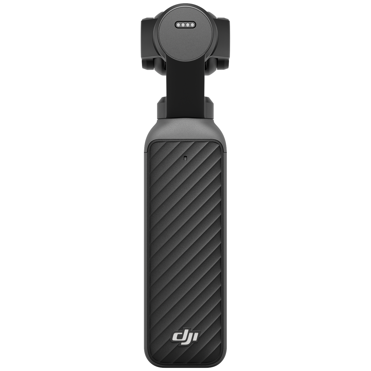 Een zwarte gimbal met getextureerde grip en oplaadindicatielampjes. DJI-logo onderaan.