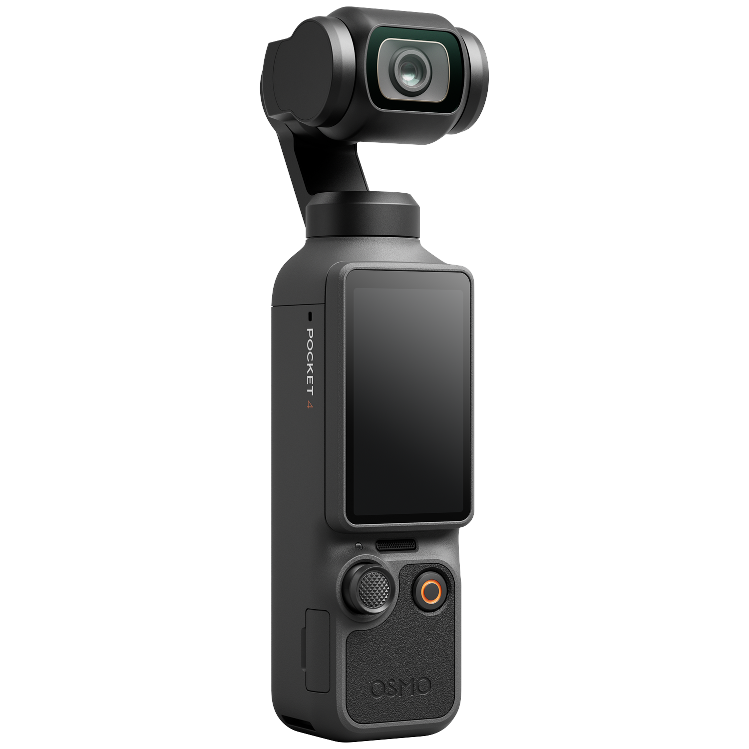 Een zwarte gimbal-stabilisator met camera en scherm, op witte achtergrond.