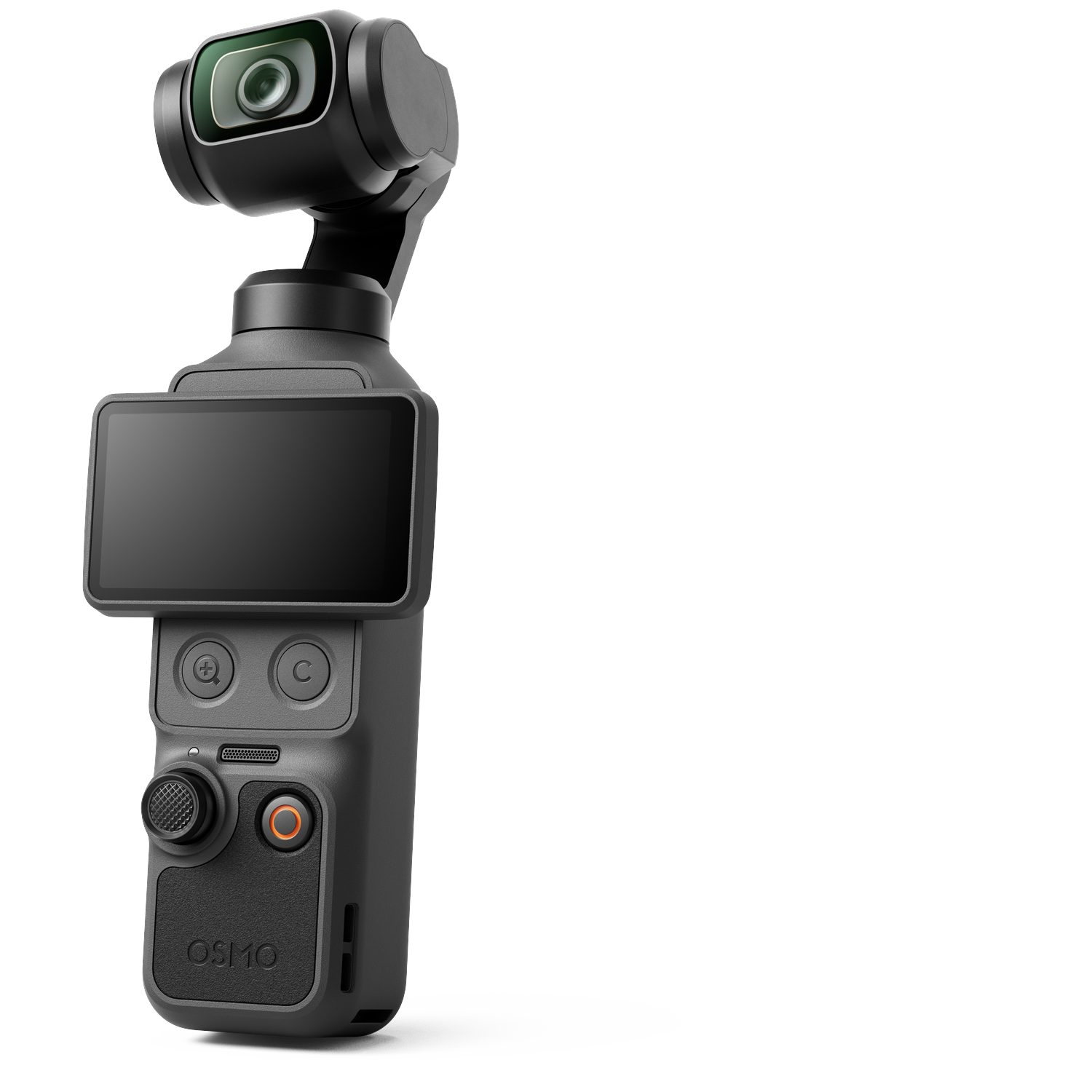 Een zwarte Osmo Pocket camera met gimbal en touchscreen op witte achtergrond.