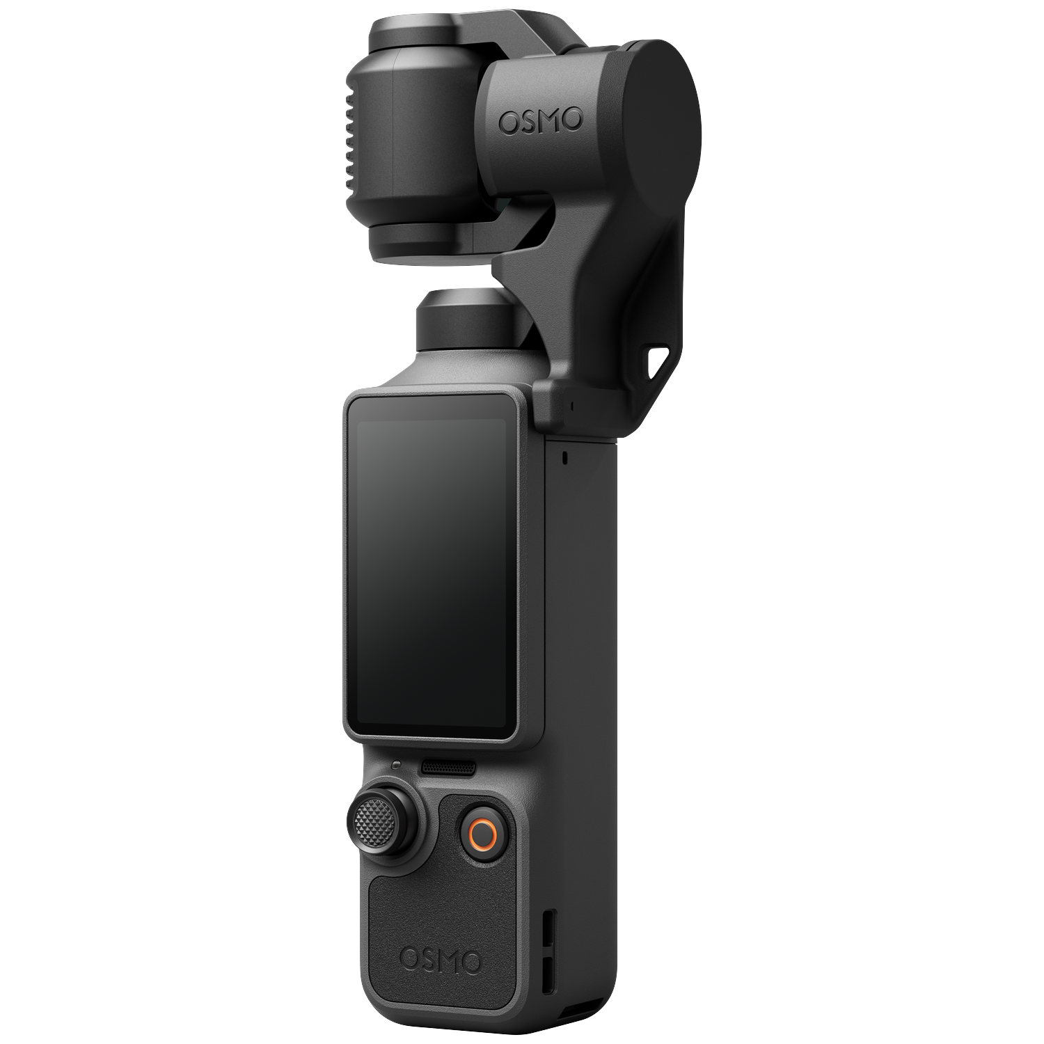 Zwarte DJI Osmo Pocket 3 camera met draaibare gimbal en scherm.
