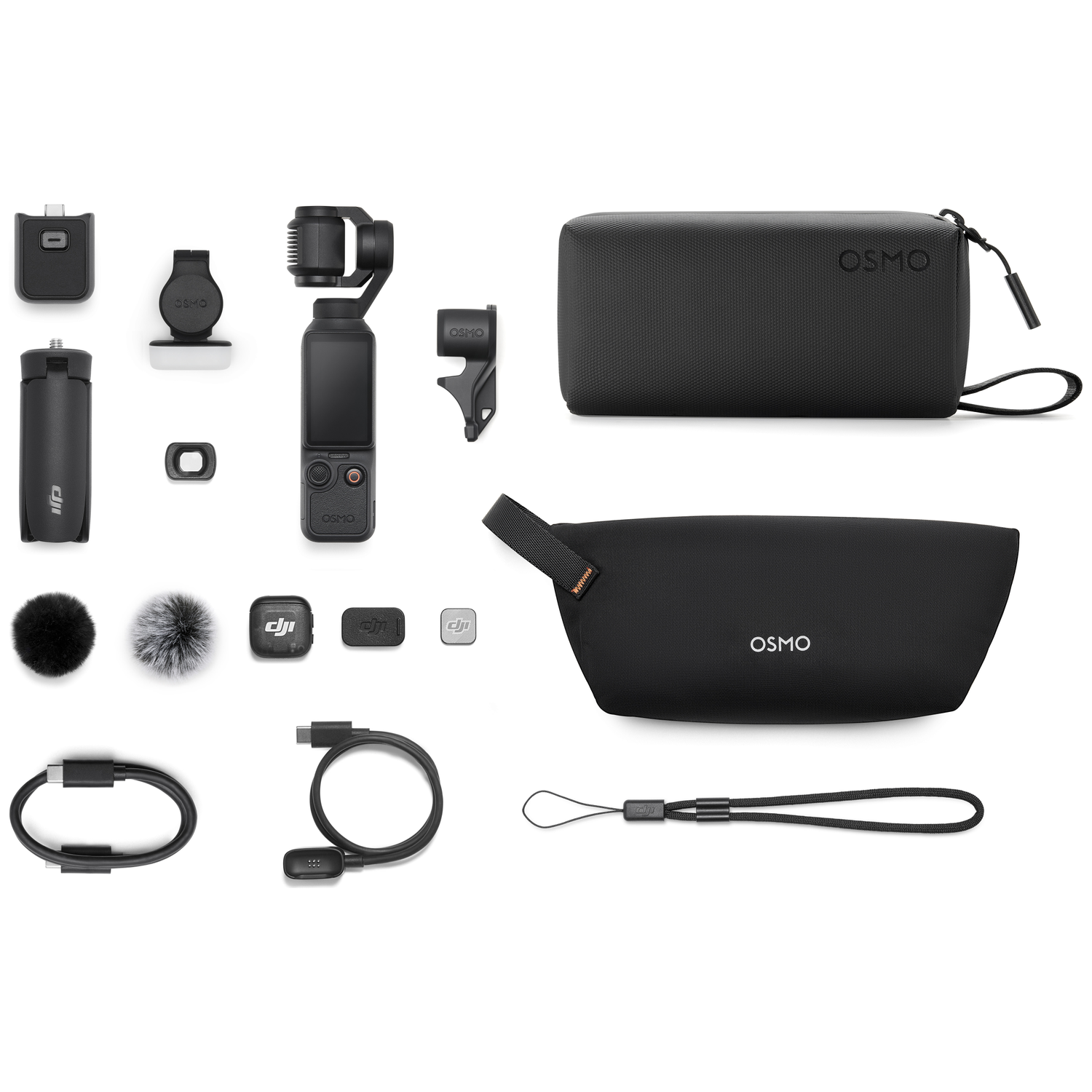 Zwarte DJI Osmo accessoires: gimbal, kabels, windkap, etuis en meer.