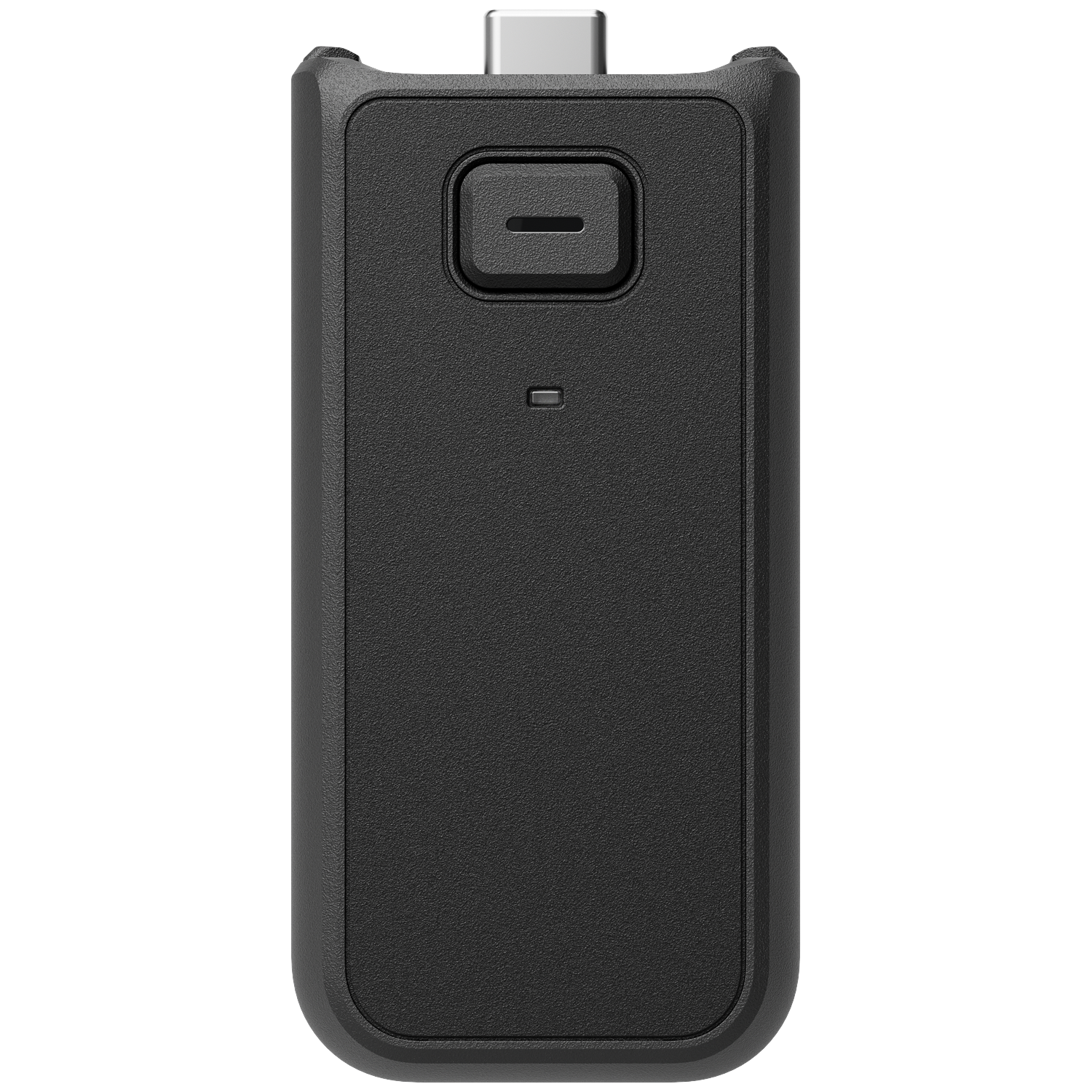 Zwart rechthoekig elektronisch apparaat met een USB-C-connector bovenaan en een knop.