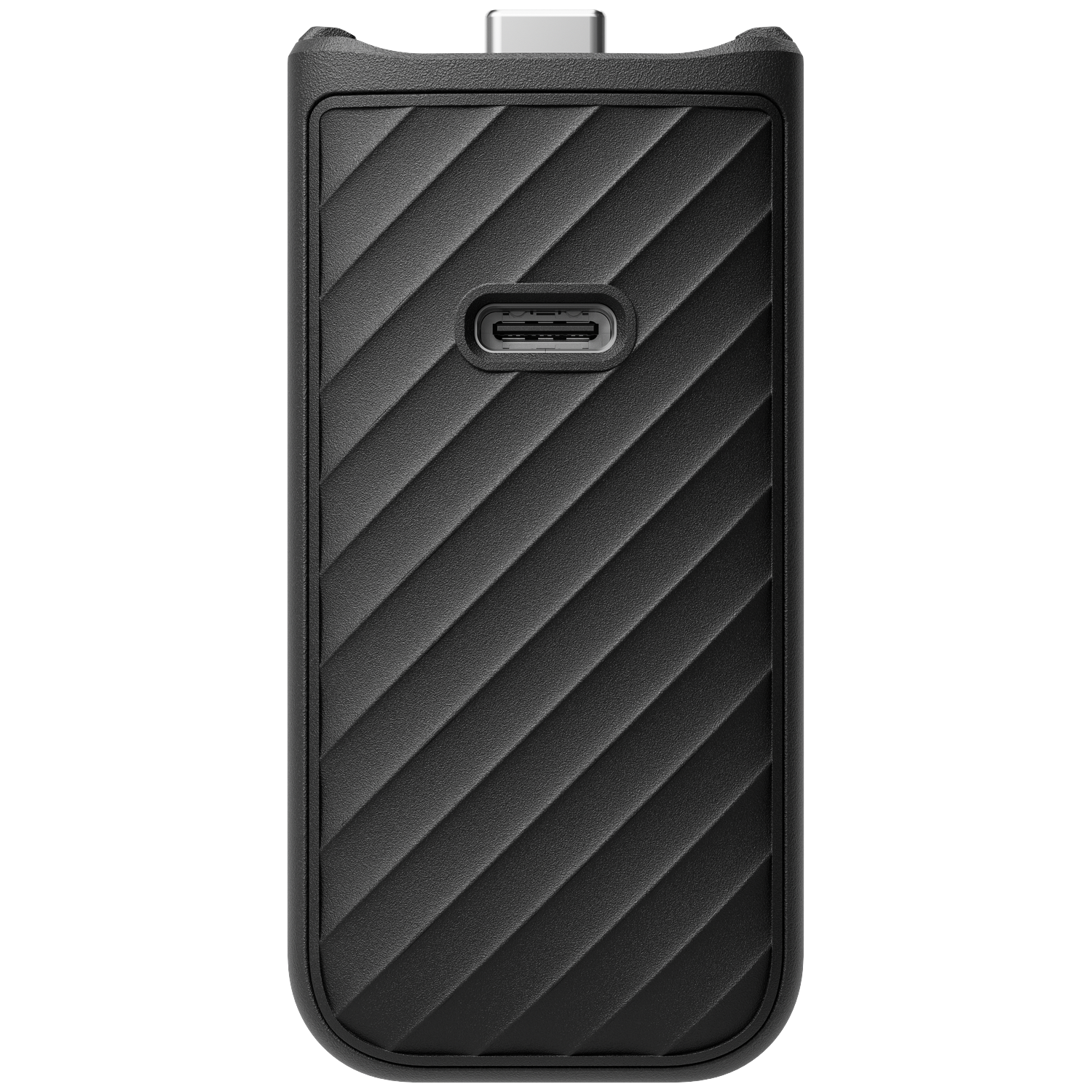 Zwart USB-C apparaat met geribbelde textuur en zichtbare poorten.