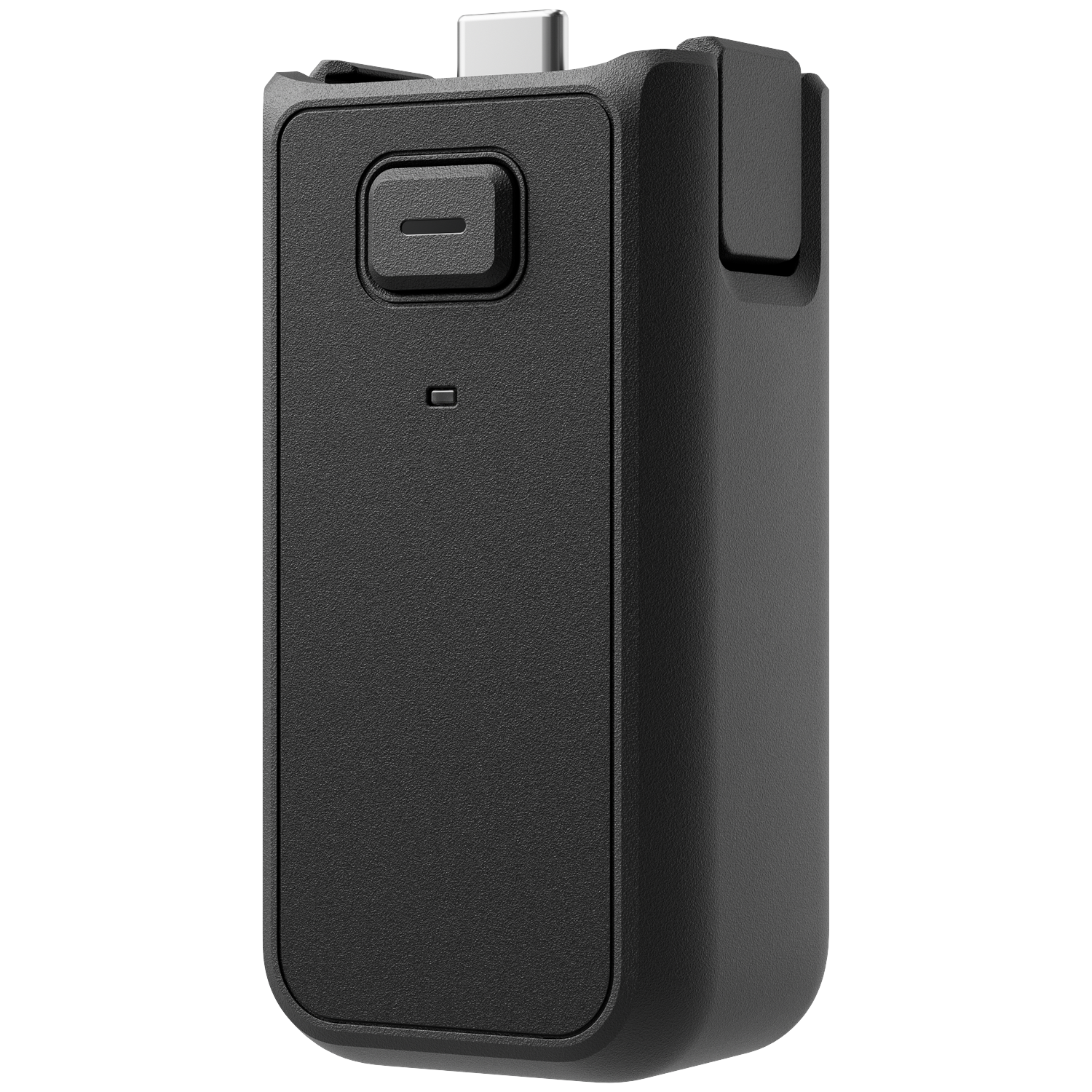 Een zwart, rechthoekig apparaat met afgeronde hoeken en een USB-C-connector.