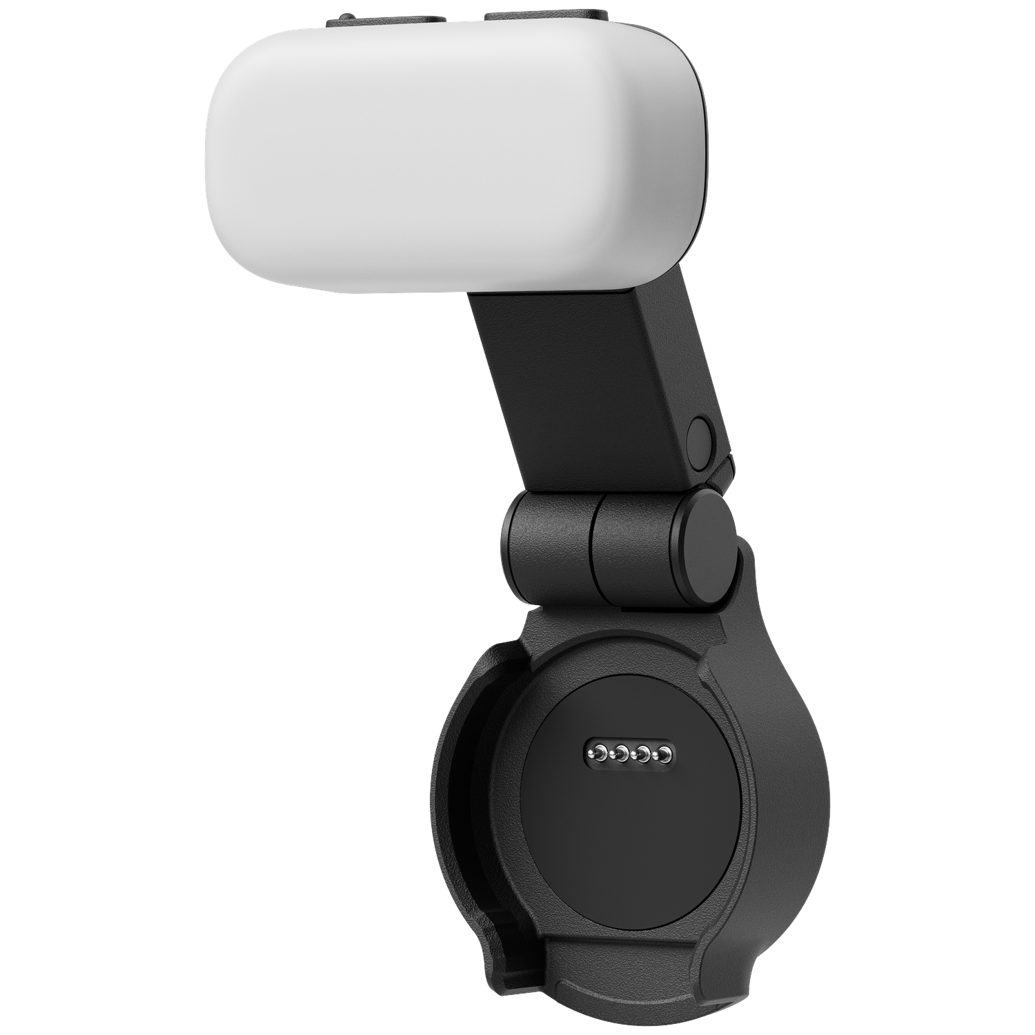 Een zwart accessoire met een wit lichtpaneel en verstelbare arm.