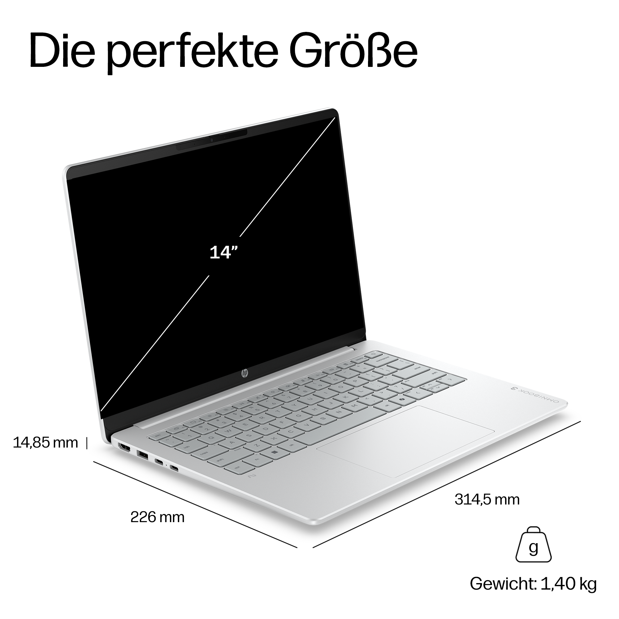 Ein silberner Laptop mit 14-Zoll-Bildschirm, Maßen und Gewicht.