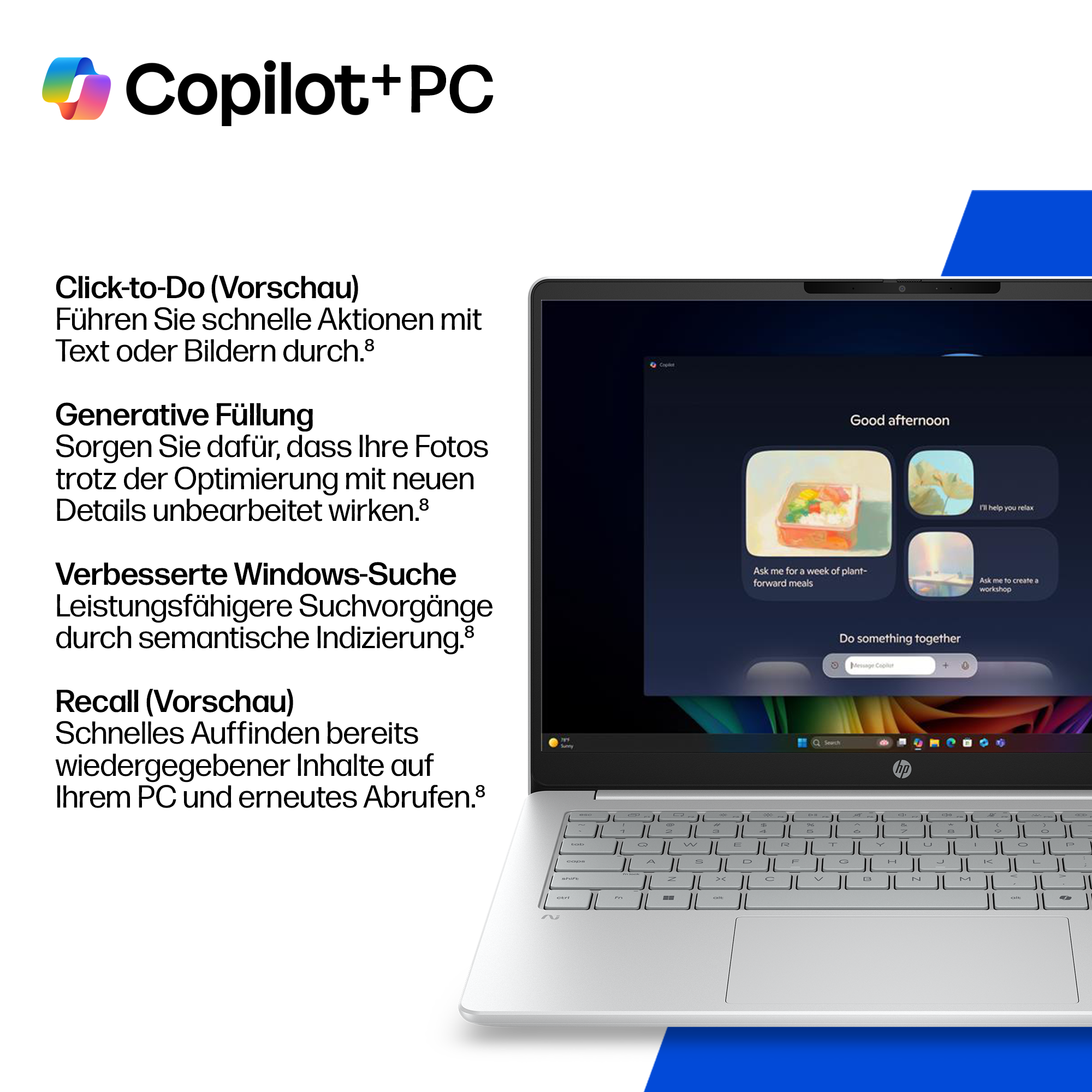 Ein offenes Laptop mit Copilot+PC-Logo, Tastatur und Bildschirm.