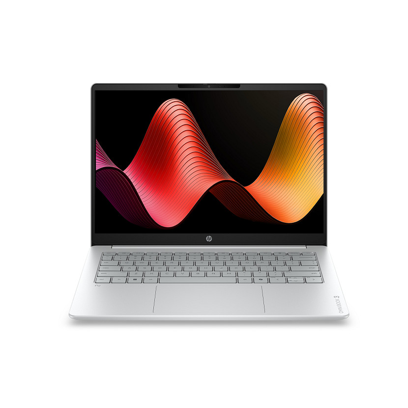 Ein silbernes HP Omnibook 3 Laptop mit Tastatur und einem bunten Wellen-Hintergrund.