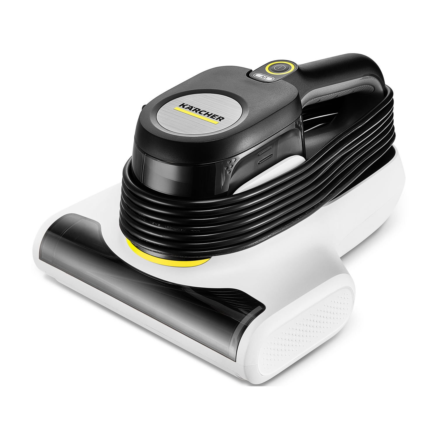 Un aspirapolvere portatile Karcher bianco e nero con accenti gialli.