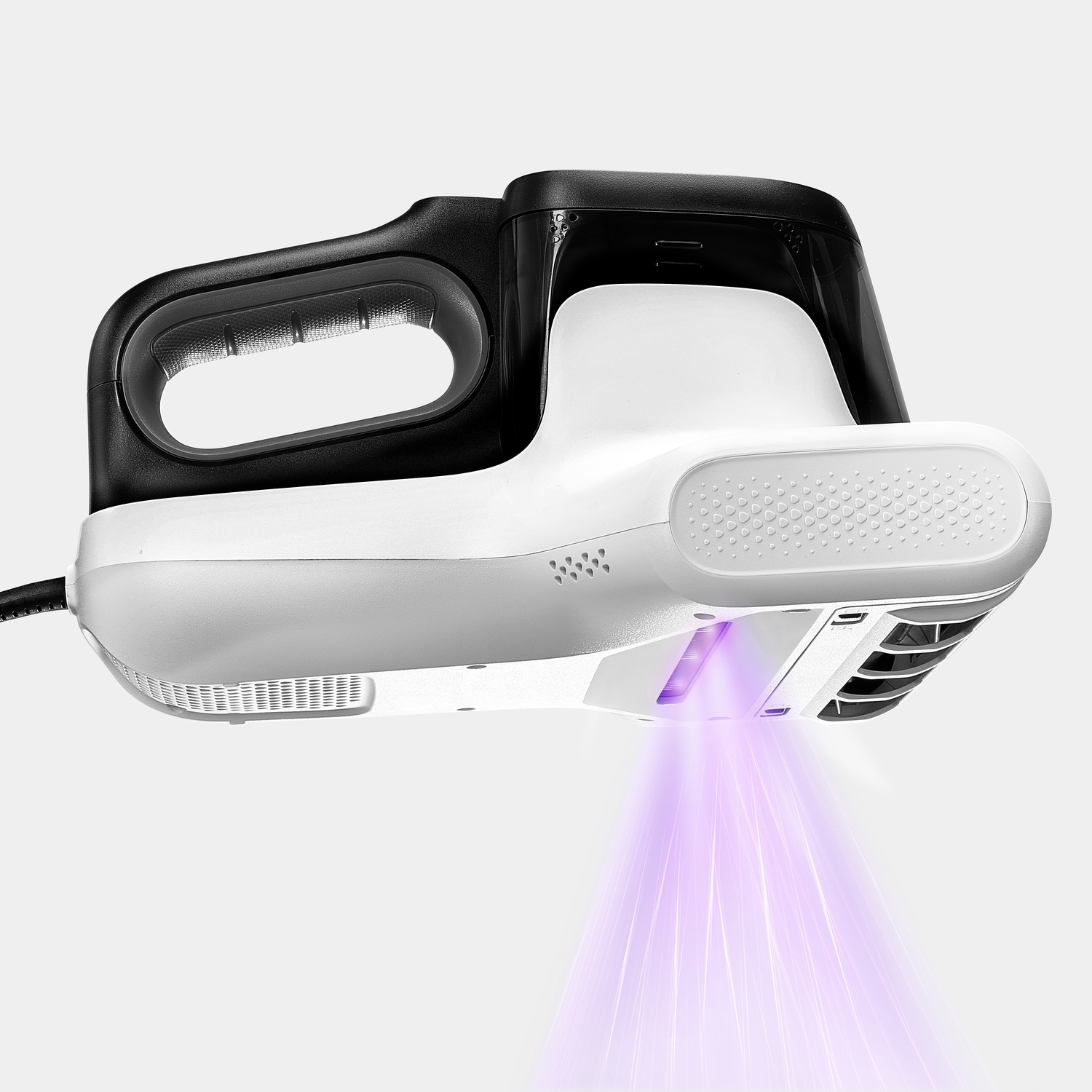 Un dispositivo portatile bianco e nero che emette un raggio di luce viola verso il basso.