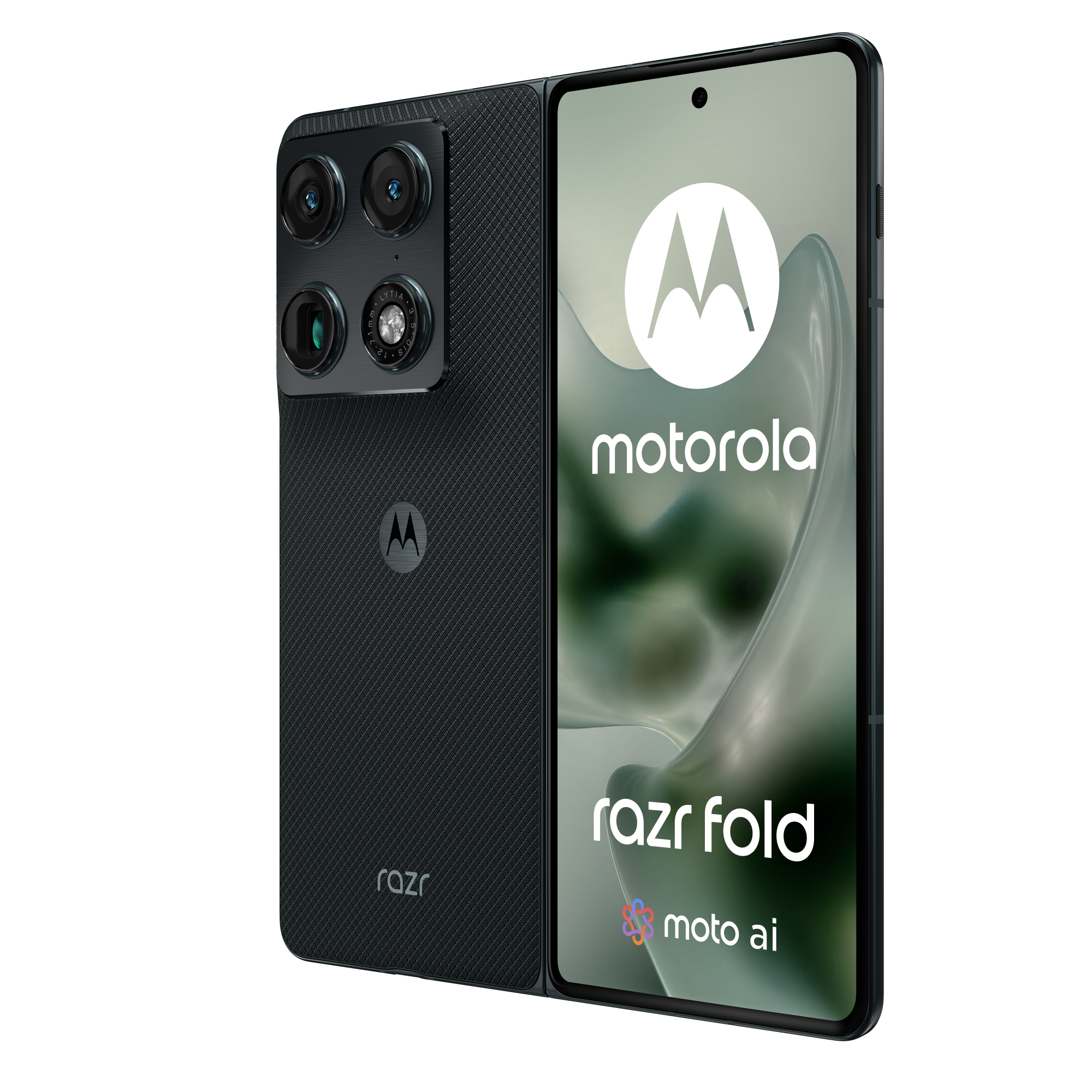 Zamknięty smartfon Motorola Razr Fold z czterema aparatami i logo Motoroli.
