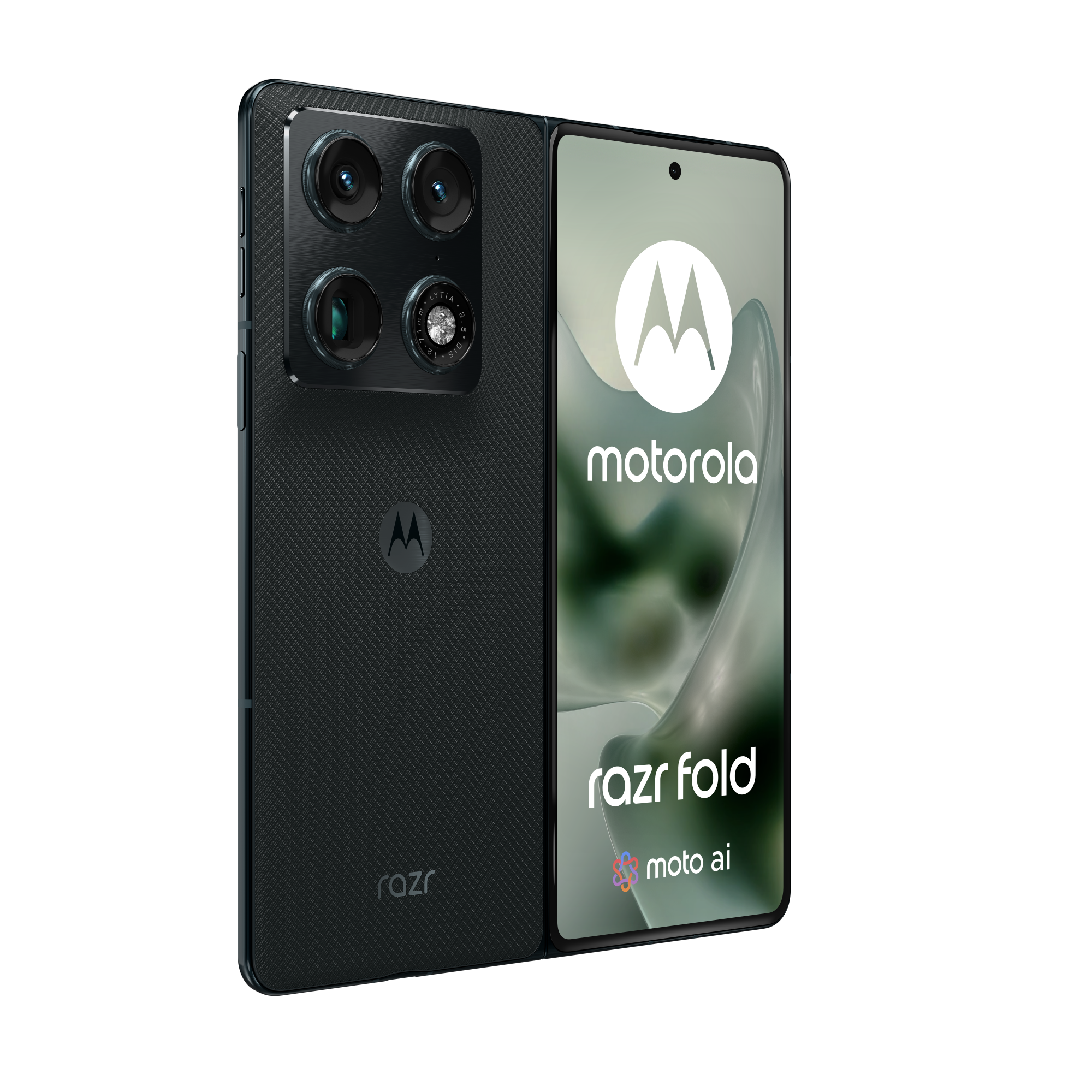 Ciemny telefon składany Motorola Razr z czterema aparatami i logo.