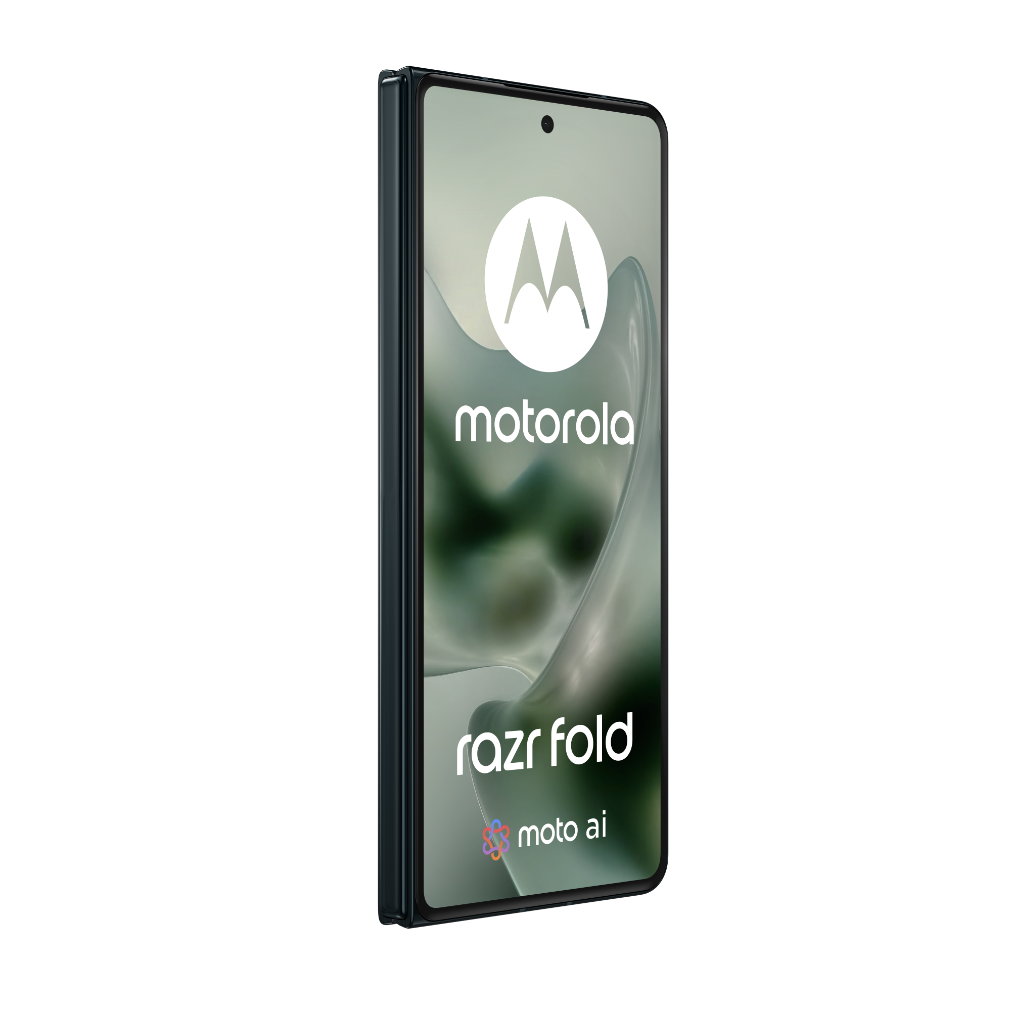 Ciemny smartfon Motorola Razr Fold wyświetla logo Motoroli.