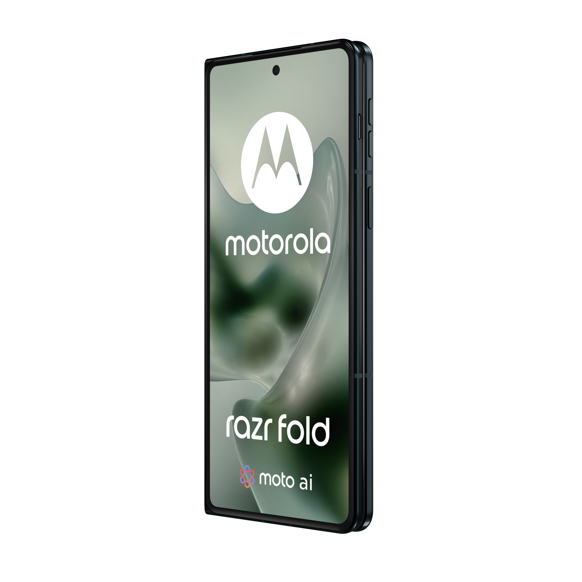 Ciemny telefon Motorola Razr Fold z logo Motoroli i napisem 'razr fold moto ai'.