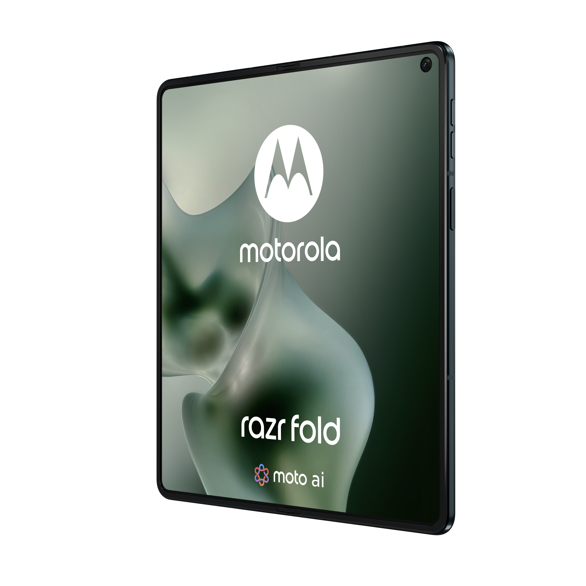 Telefon Motorola Razr Fold z logo Motorola i tekstem moto ai na ekranie.