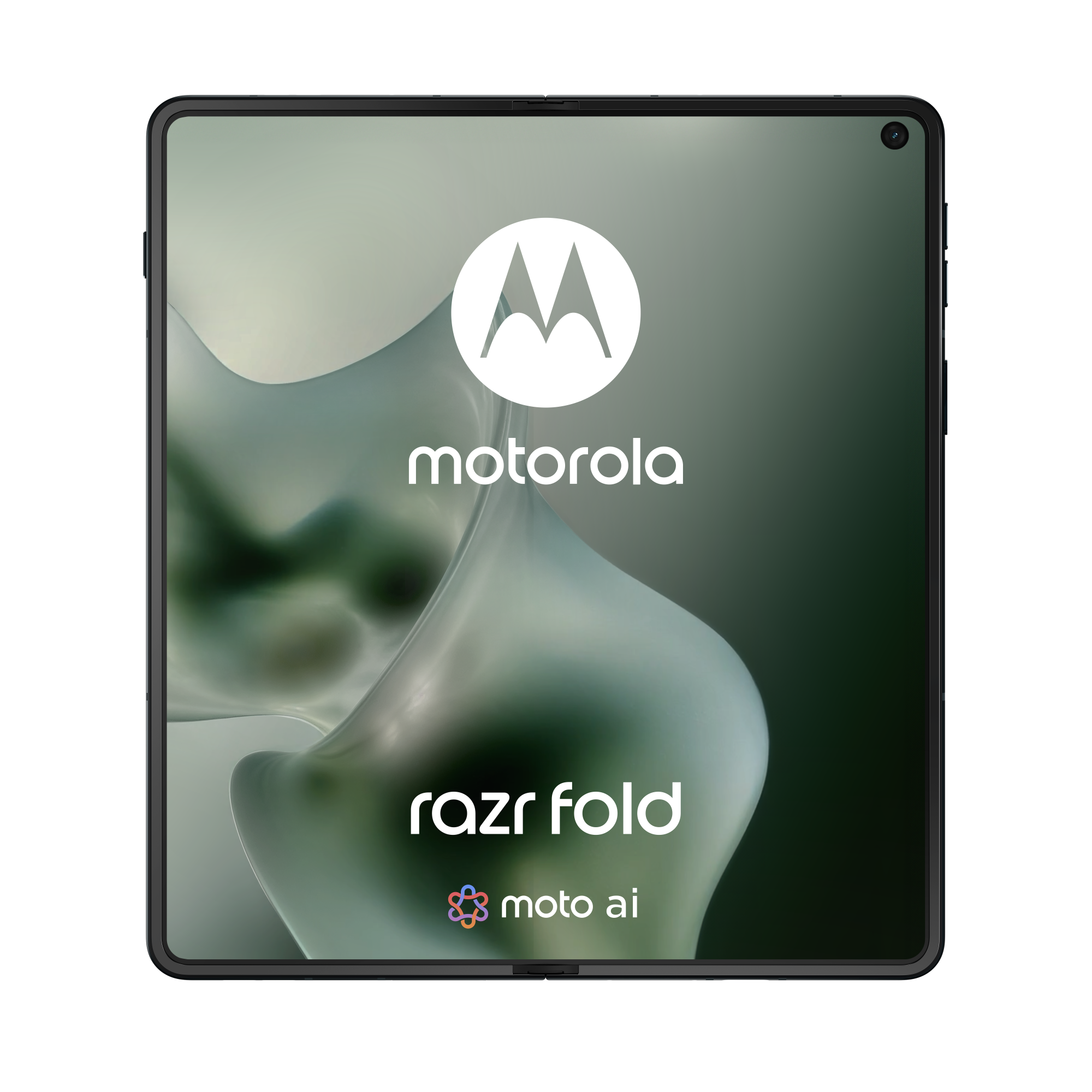 Motorola Razr Fold z logo Moto AI na płynnym tle.