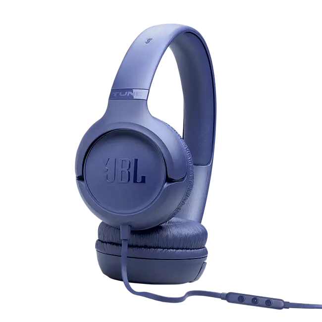 Auriculares JBL azules con cable y control remoto.