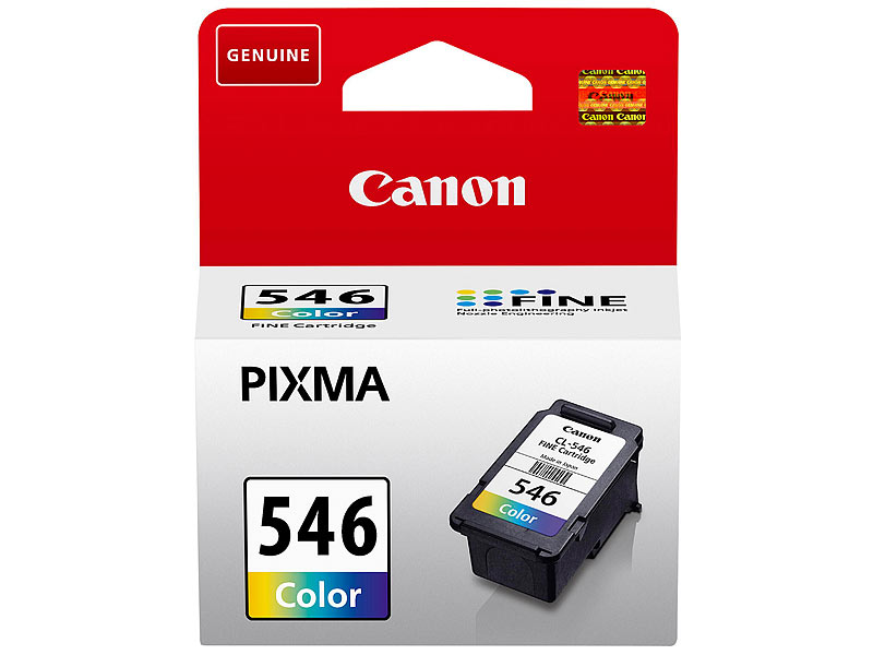 Cartucho de tinta color Canon Pixma 546 sobre fondo blanco.