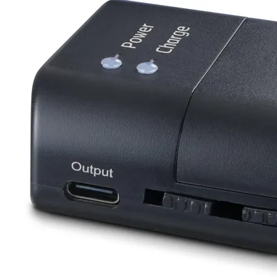 Cargador negro con puerto USB-C y dos indicadores LED.