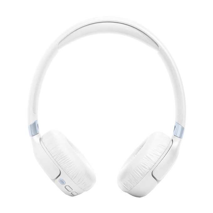 Auriculares inalámbricos blancos con almohadillas acolchadas y diadema.