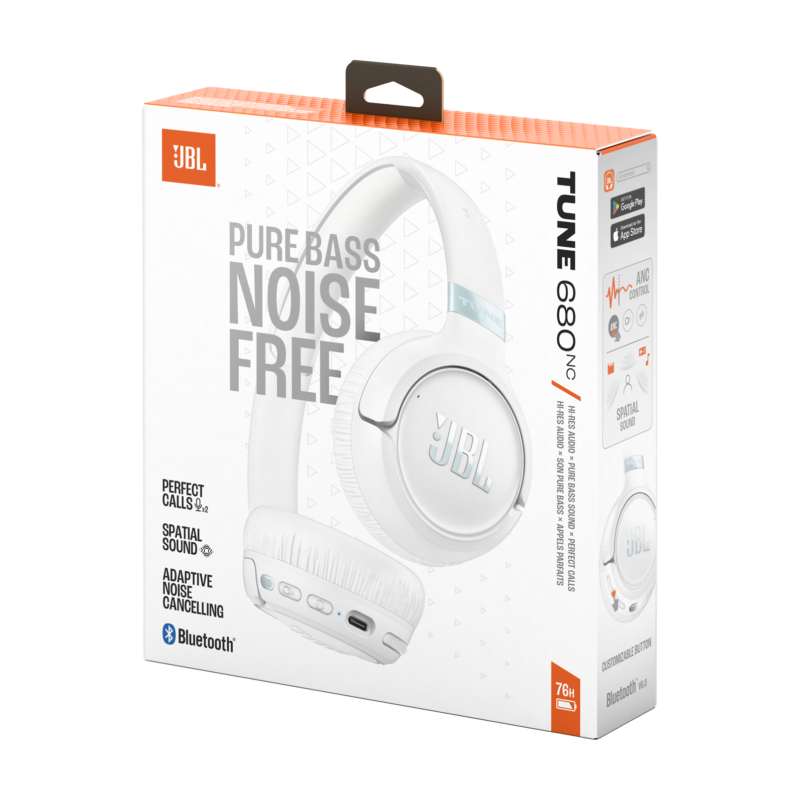 Auriculares JBL Tune 680NC blancos en caja blanca con texto.