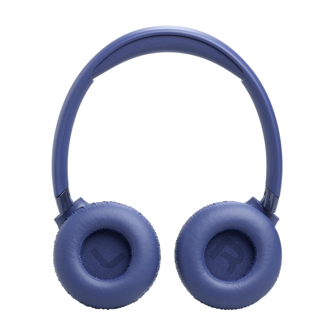 Auriculares azules con almohadillas y diadema. Se ven L y R.