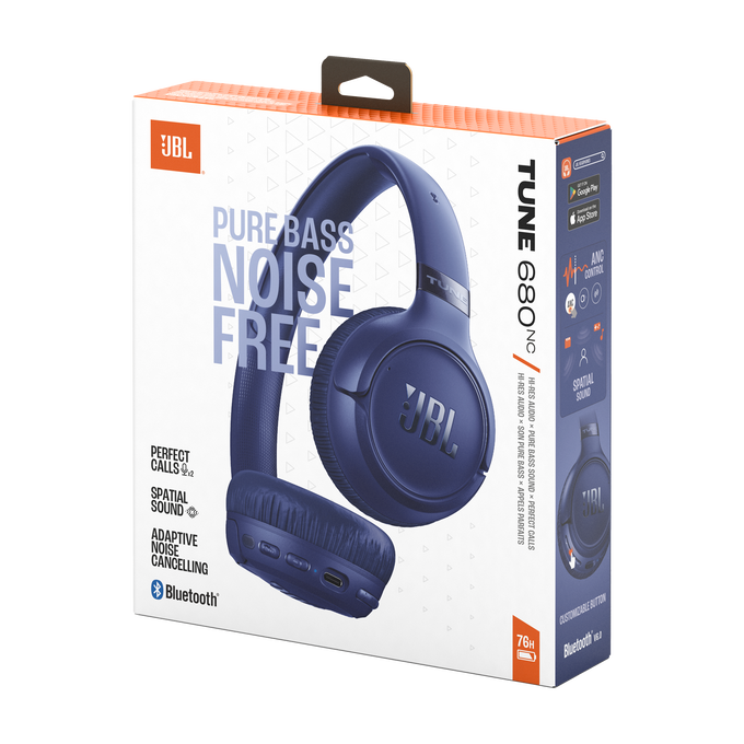 Auriculares JBL Tune 680NC en azul oscuro sobre caja con texto.