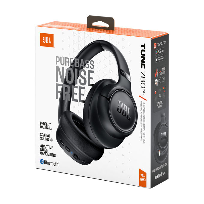 Auriculares JBL negros en caja con texto "Pure Bass Noise Free".