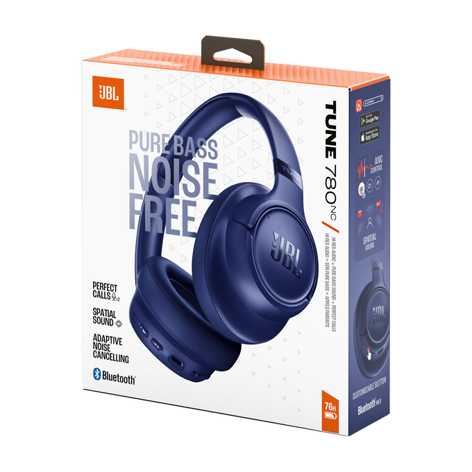 Caja con auriculares JBL azul oscuro, texto 'Pure Bass Noise Free'.